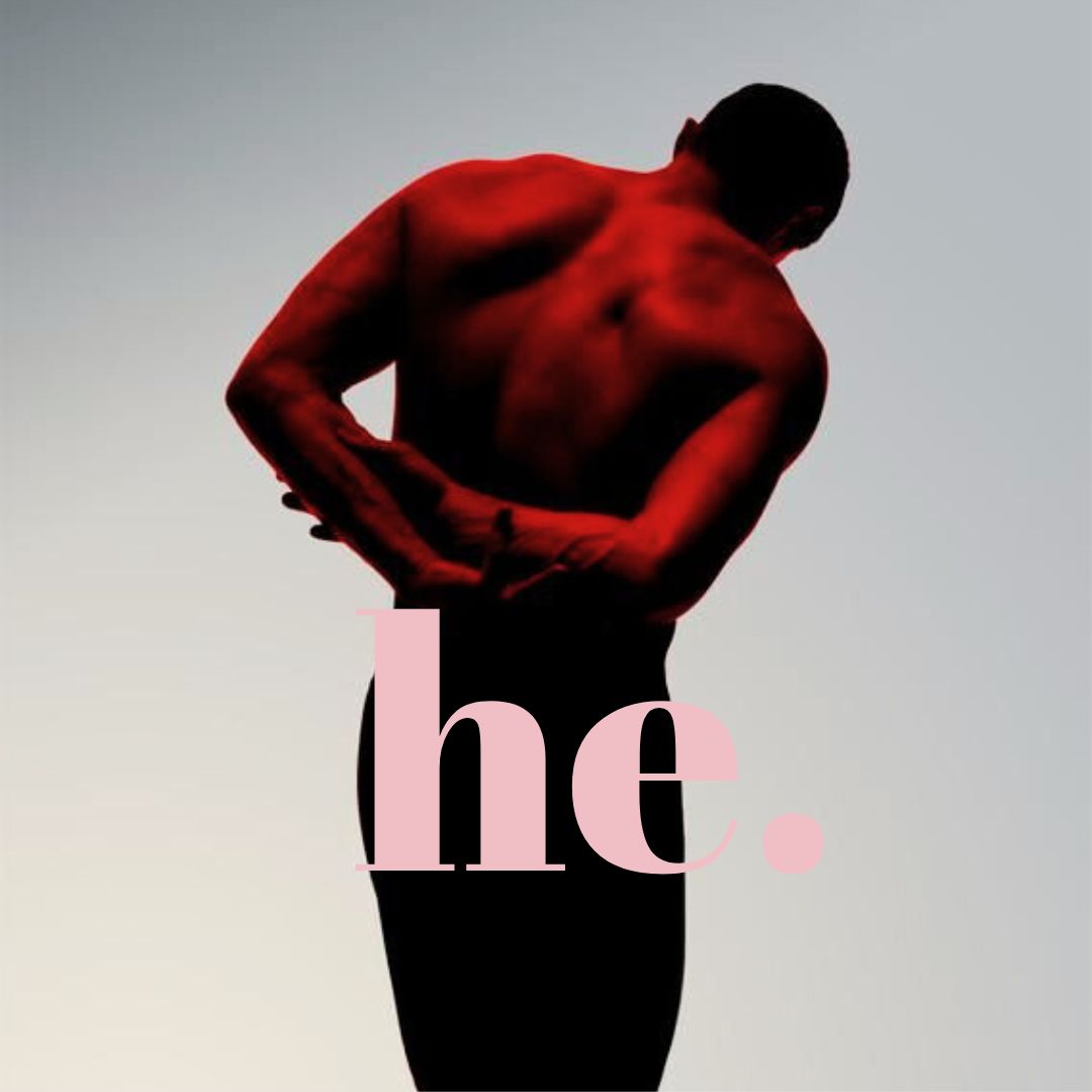 Silhouetted male figure with red lighting and boldhe." text overlay.