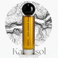 Kasol 60ml perfume bottle by The Bombay Oud with amber liquid, set against a topographic map background, evoking earthy and herbal notes.