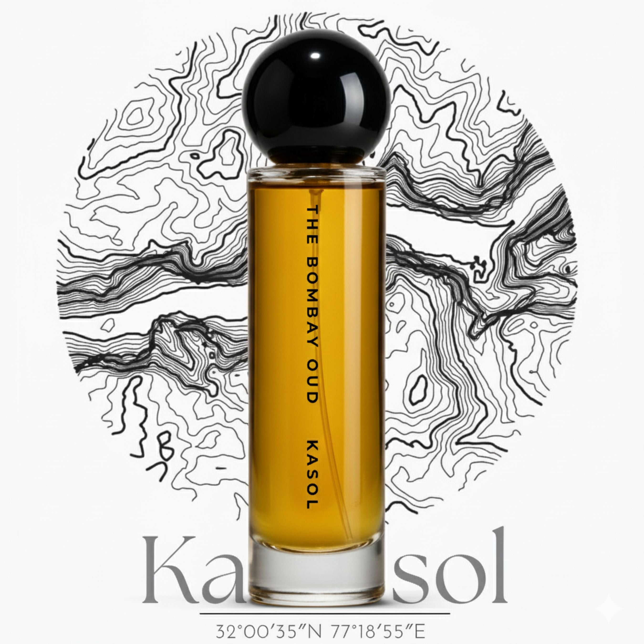 Kasol 60ml perfume bottle by The Bombay Oud with amber liquid, set against a topographic map background, evoking earthy and herbal notes.