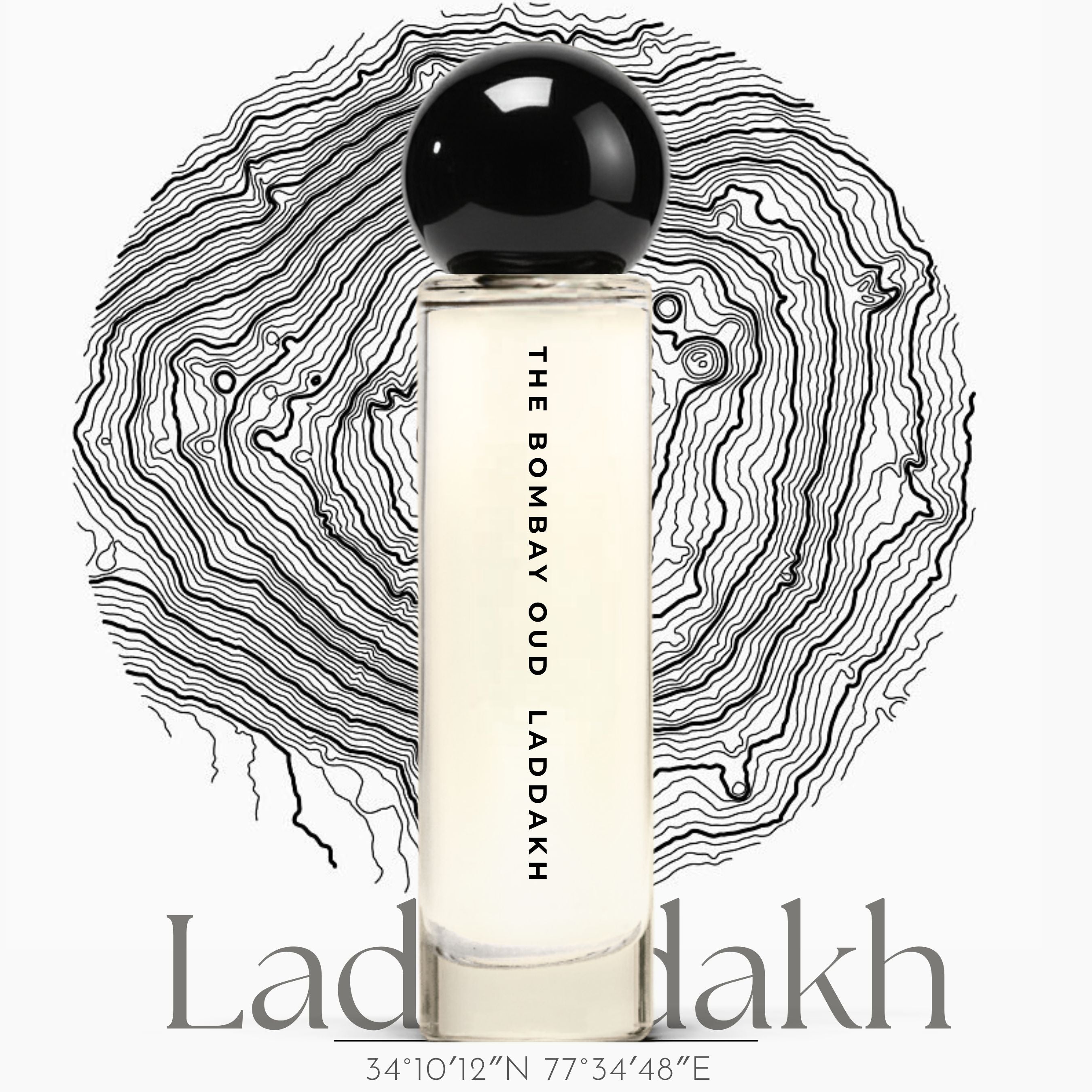 Laddakh 60ml Eau de Parfum by The Bombay Oud, showcased with a topographic mountain ring design, symbolizing its Himalayan inspiration.