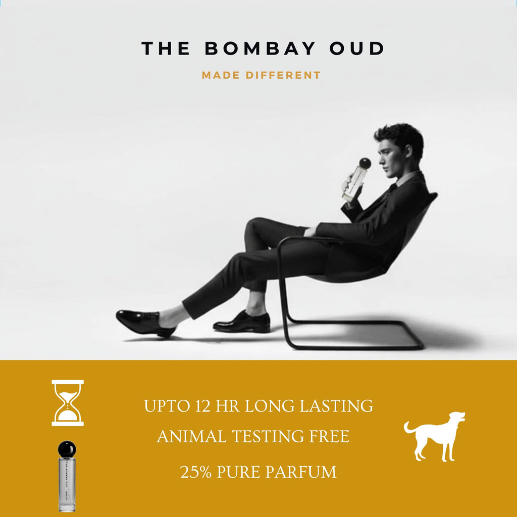 Promotional graphic for Office 60ml by The Bombay Oud highlighting 12-hour longevity, cruelty-free formula, and 25% pure parfum.
