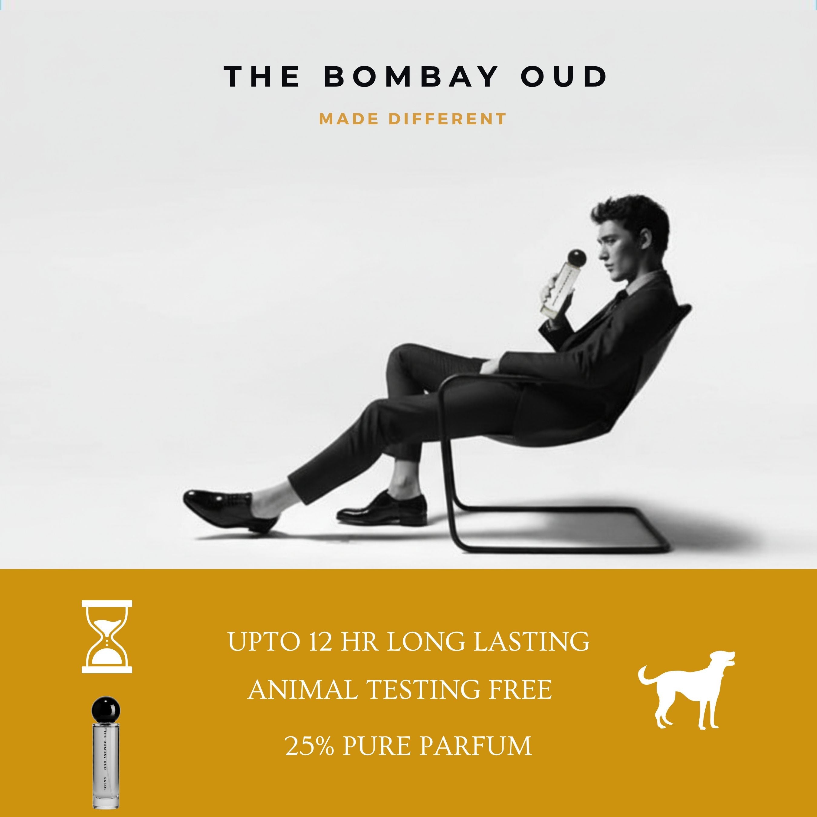 Promotional graphic for Office 60ml by The Bombay Oud highlighting 12-hour longevity, cruelty-free formula, and 25% pure parfum.