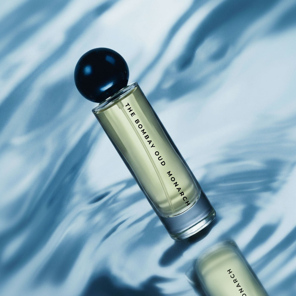 Monarch 60ml perfume bottle floating on rippling water, highlighting its fresh, aquatic fragrance profile and sleek packaging.
