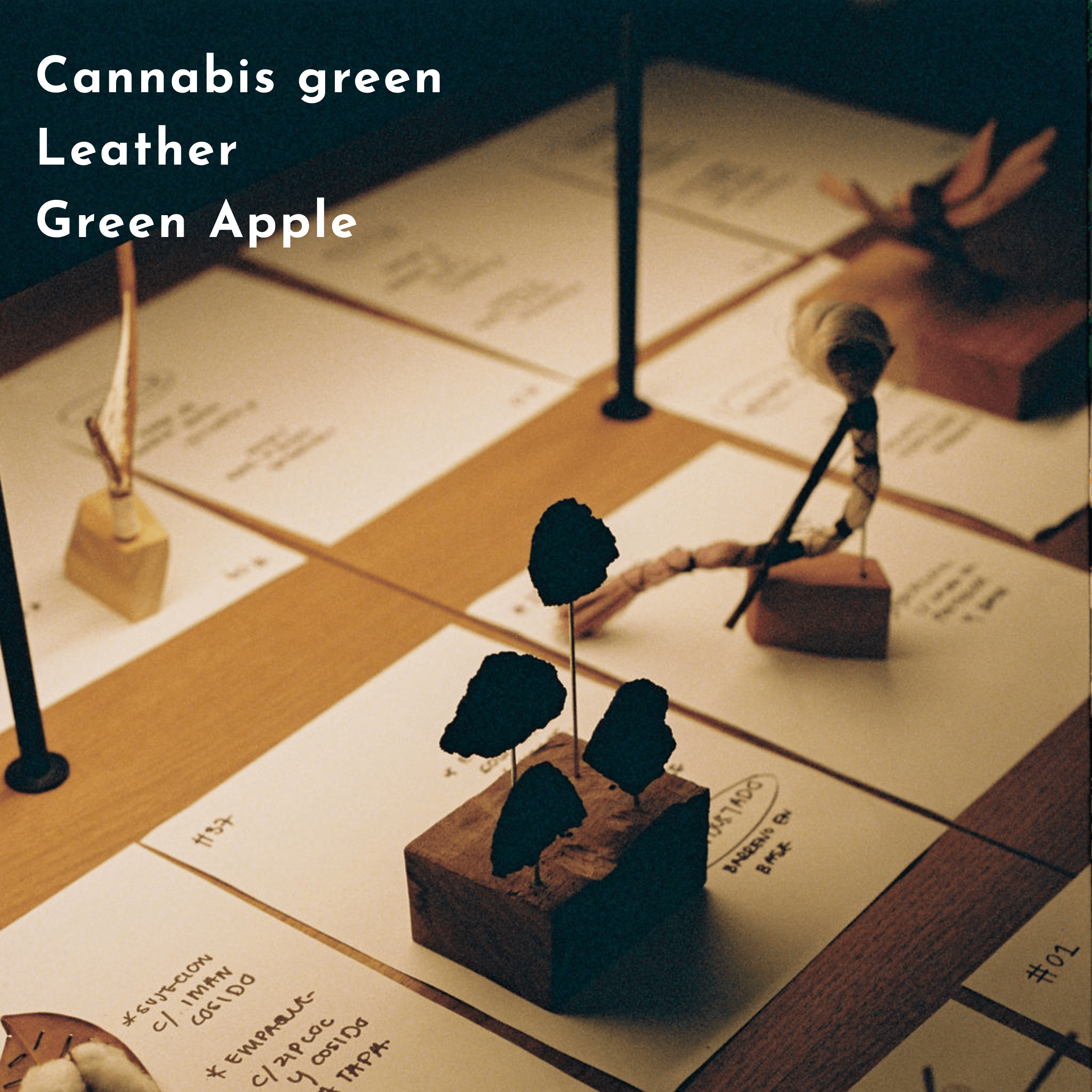 Fragrance notes of Kasol 60ml—cannabis green, leather, and green apple—displayed on artistic scent cards in a creative setup.