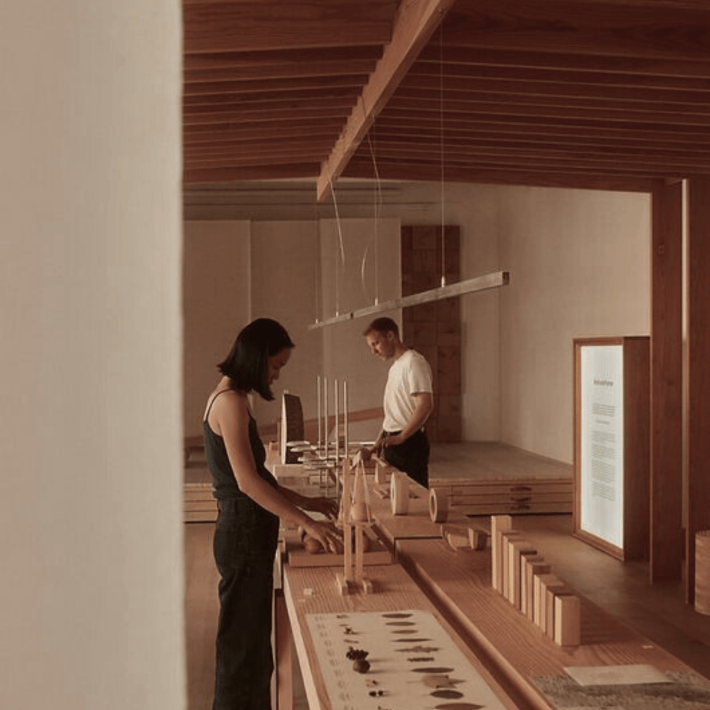 Visitors exploring a minimalist fragrance exhibit, featuring Kasol 60ml’s natural ingredients and artisanal perfume process.