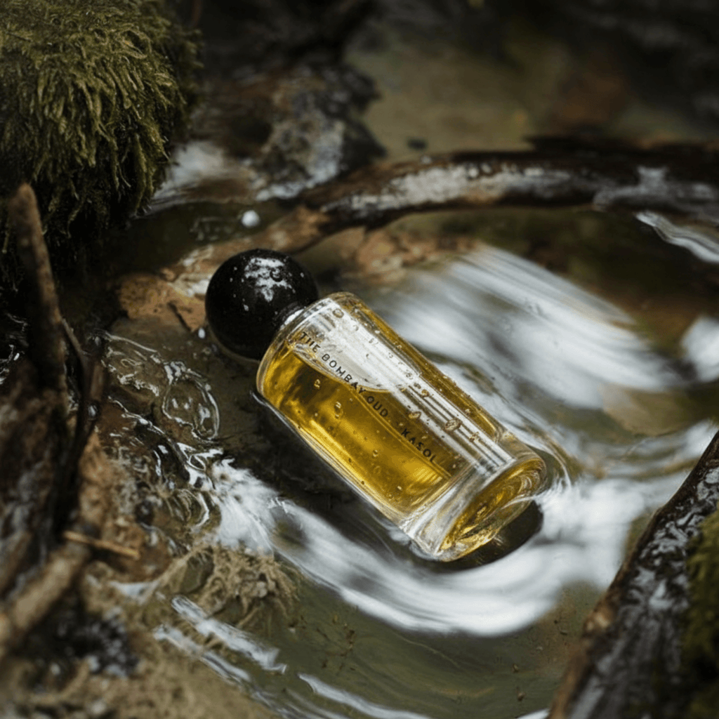 Kasol 60ml perfume lying in a forest stream, emphasizing its natural, earthy scent profile with cannabis and patchouli accords.