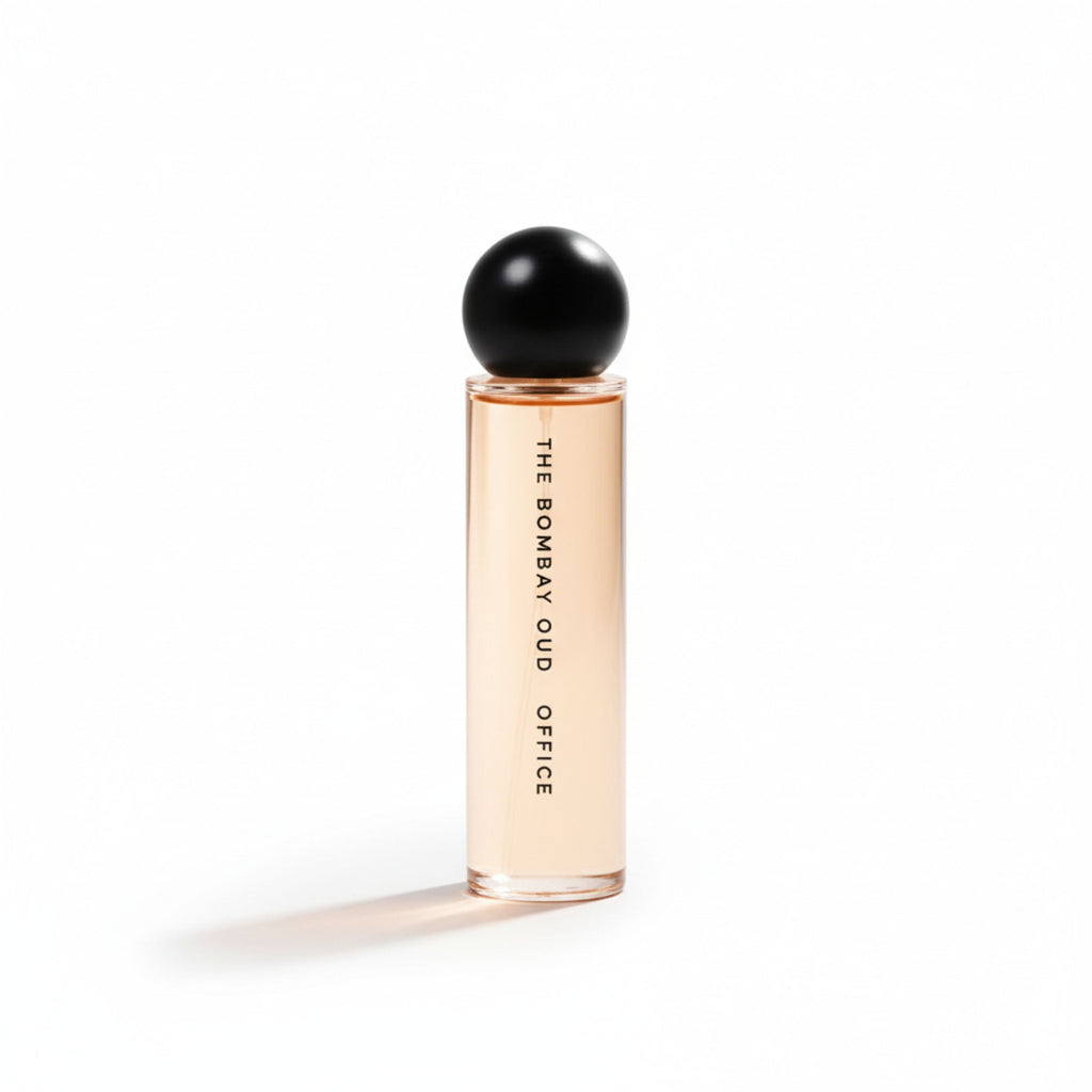 Minimalist product shot of Office 60ml perfume by The Bombay Oud, showcasing its sleek bottle design for men’s fragrance lovers.