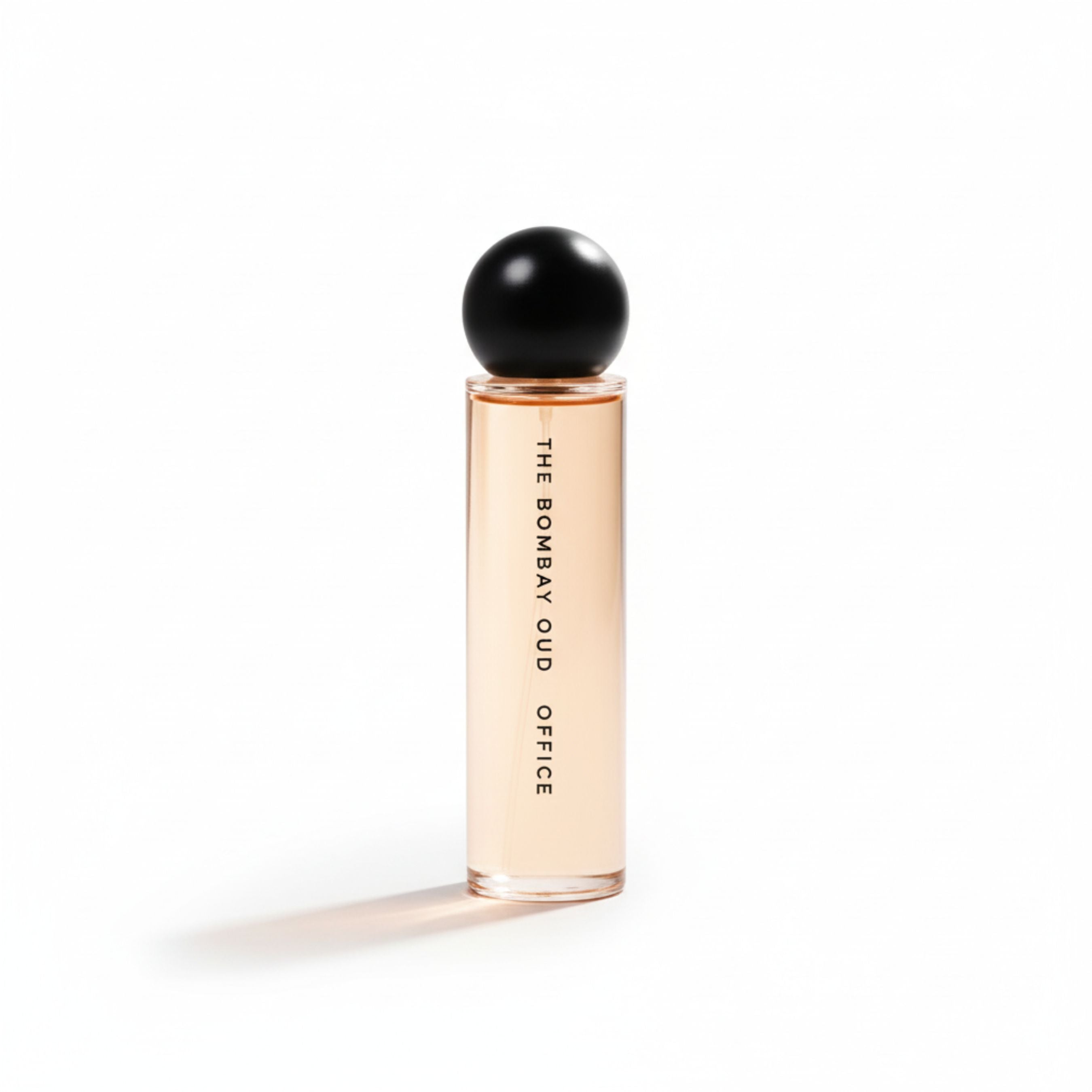 Minimalist product shot of Office 60ml perfume by The Bombay Oud, showcasing its sleek bottle design for men’s fragrance lovers.