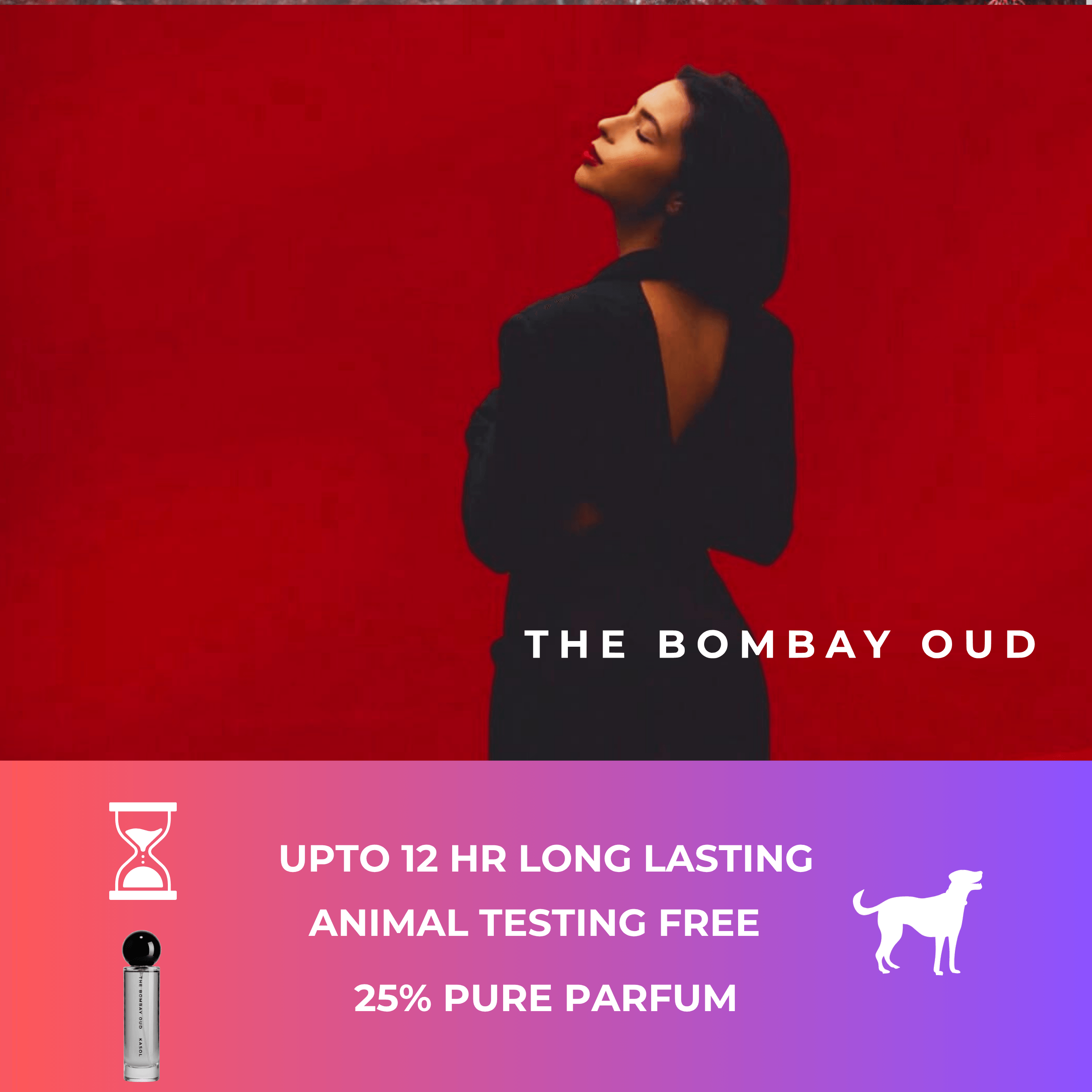Cafe 1870 60ml perfume by The Bombay Oud promotional graphic highlighting 12-hour wear, cruelty-free, and 25% pure parfum.