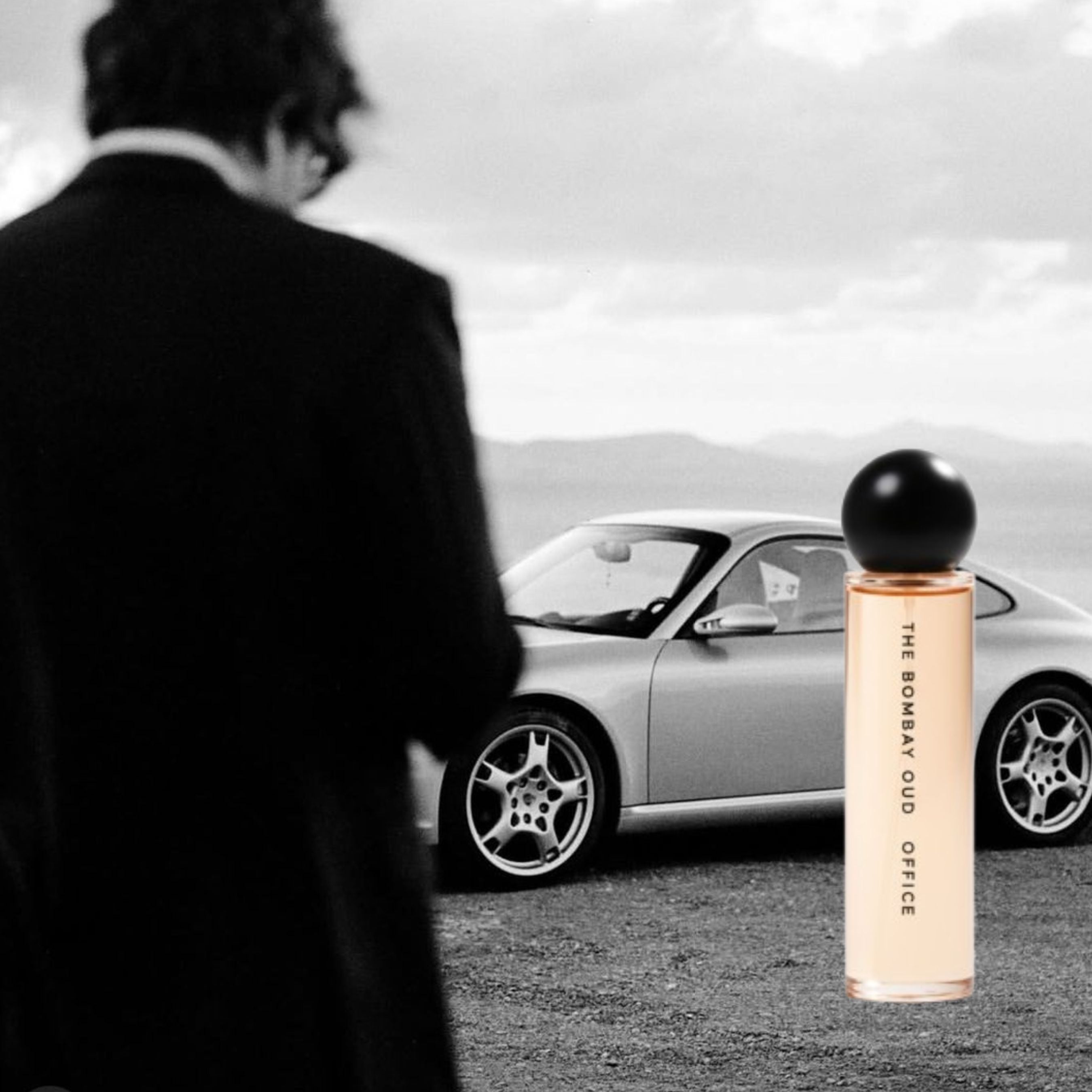 Office 60ml by The Bombay Oud displayed beside a luxury car and suited man, evoking sophistication and masculine allure.