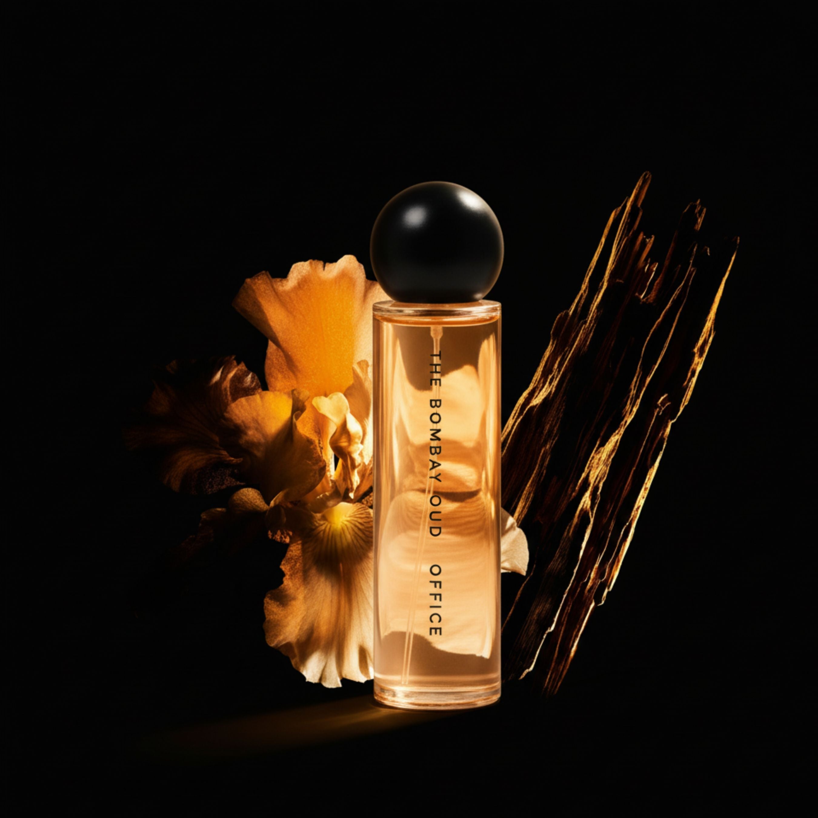 Office 60ml perfume by The Bombay Oud with iris flower and oud wood, emphasizing its fresh, woody, and magnetic scent profile.