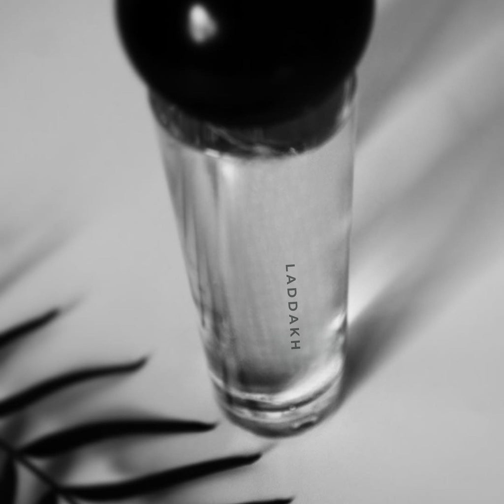 Close-up of Laddakh 60ml perfume bottle with soft shadows and a palm leaf, capturing its minimalist and earthy aesthetic.