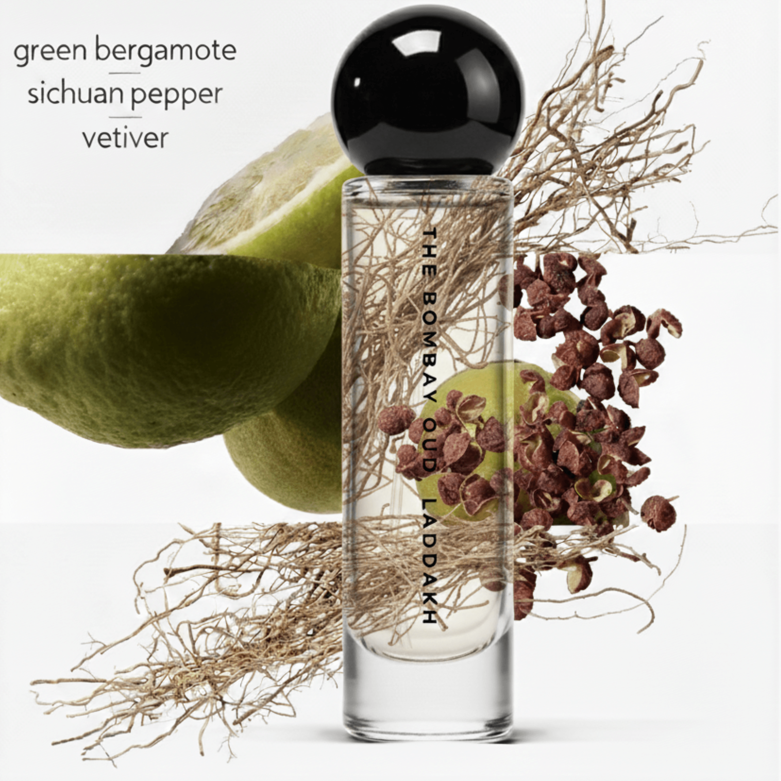 Laddakh 60ml Eau de Parfum with green bergamot, Sichuan pepper, and vetiver ingredients, showcasing its fresh and spicy scent profile.