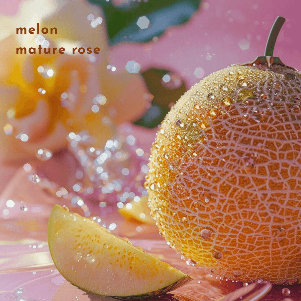 Fresh melon and mature rose with water droplets, symbolizing the fruity and floral heart notes in sakura 60ml eau de parfum.