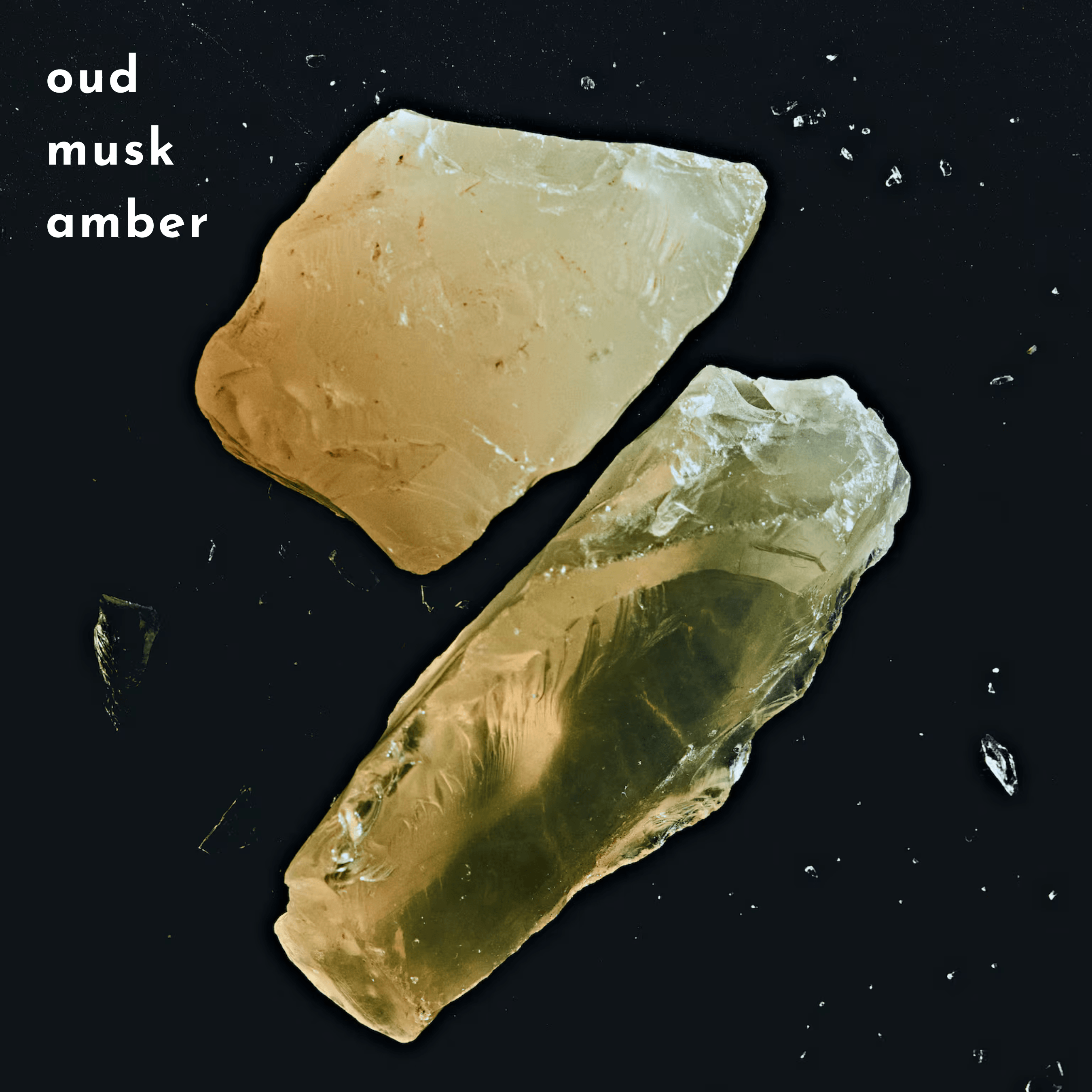 Oud, musk, and amber resin pieces highlighting the rich base notes of Thai Musc 60ml eau de parfum in the personal care category.
