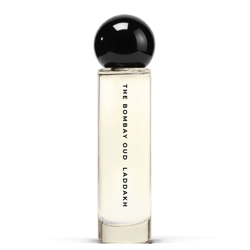 Laddakh 60ml Eau de Parfum bottle by The Bombay Oud, featuring a sleek cylindrical design with bold black cap for a premium look.