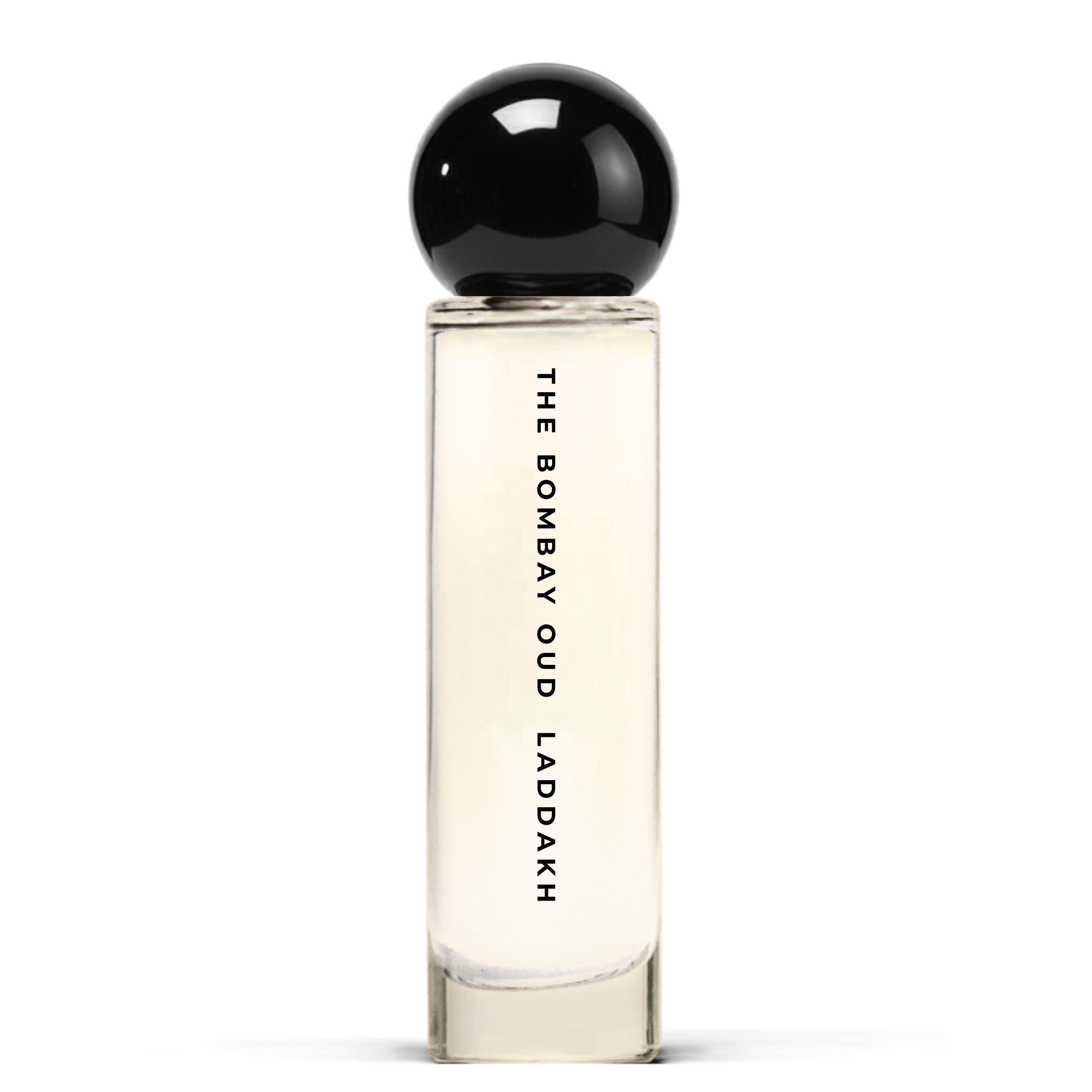 Laddakh 60ml Eau de Parfum bottle by The Bombay Oud, featuring a sleek cylindrical design with bold black cap for a premium look.