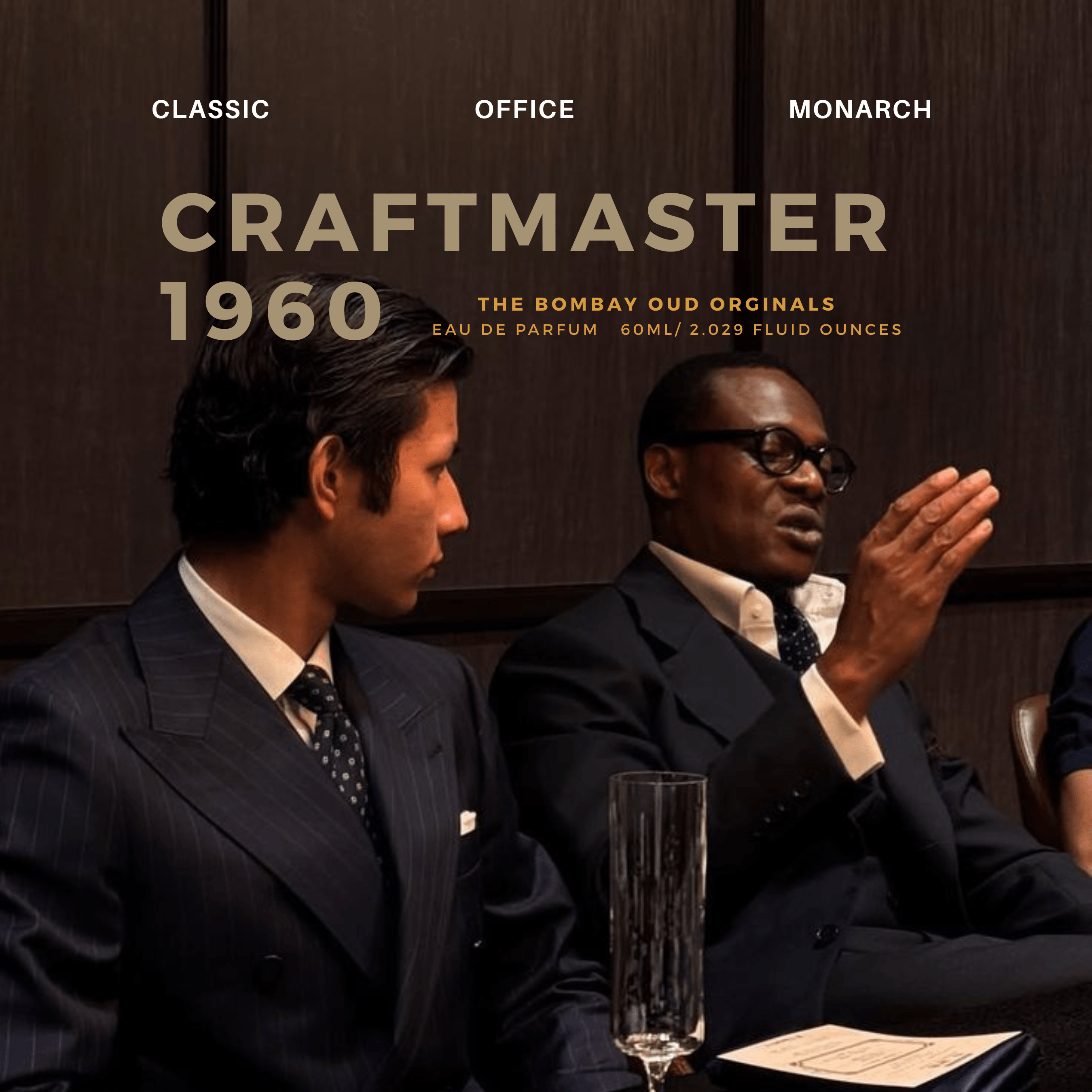 Craftmaster 1960 Office 60ml by The Bombay Oud shown in a boardroom setting, representing classic style and executive presence.
