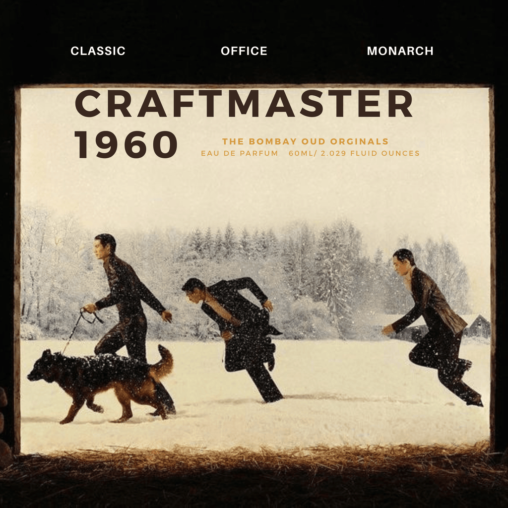 Craftmaster 1960 Monarch 60ml perfume ad with men running in snow, portraying energy, masculinity, and classic sophistication.