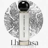 Lhasa 60ml perfume by The Bombay Oud in a sleek glass bottle with a black spherical cap, ideal for luxury fragrance lovers seeking mystique.