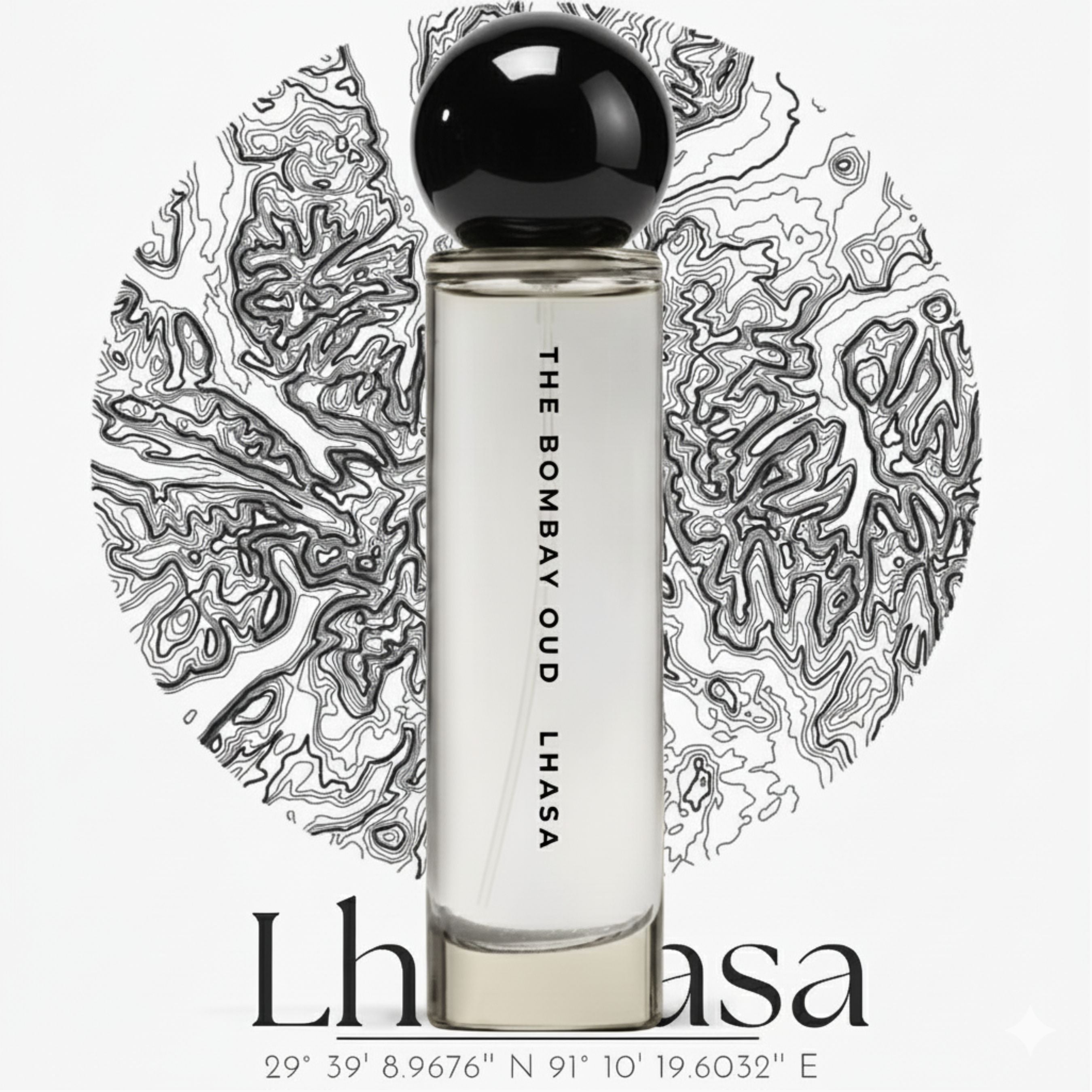 Lhasa 60ml perfume by The Bombay Oud in a sleek glass bottle with a black spherical cap, ideal for luxury fragrance lovers seeking mystique.