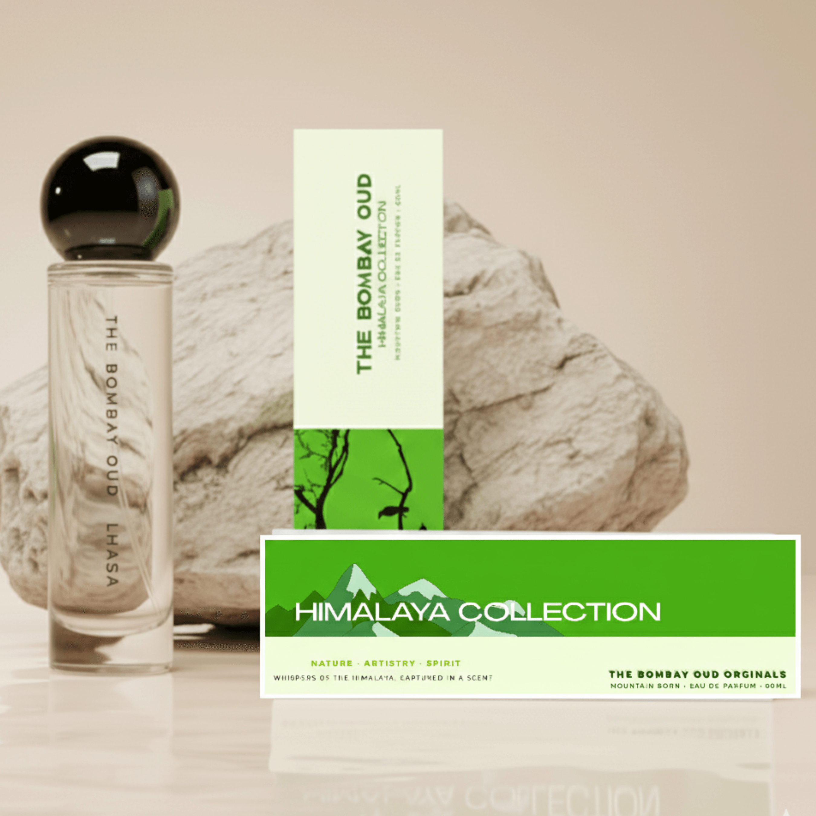 Lhasa 60ml perfume from The Bombay Oud Originals, part of the Himalaya Collection, featuring a sleek glass bottle and green packaging inspired by mountain woodlands.