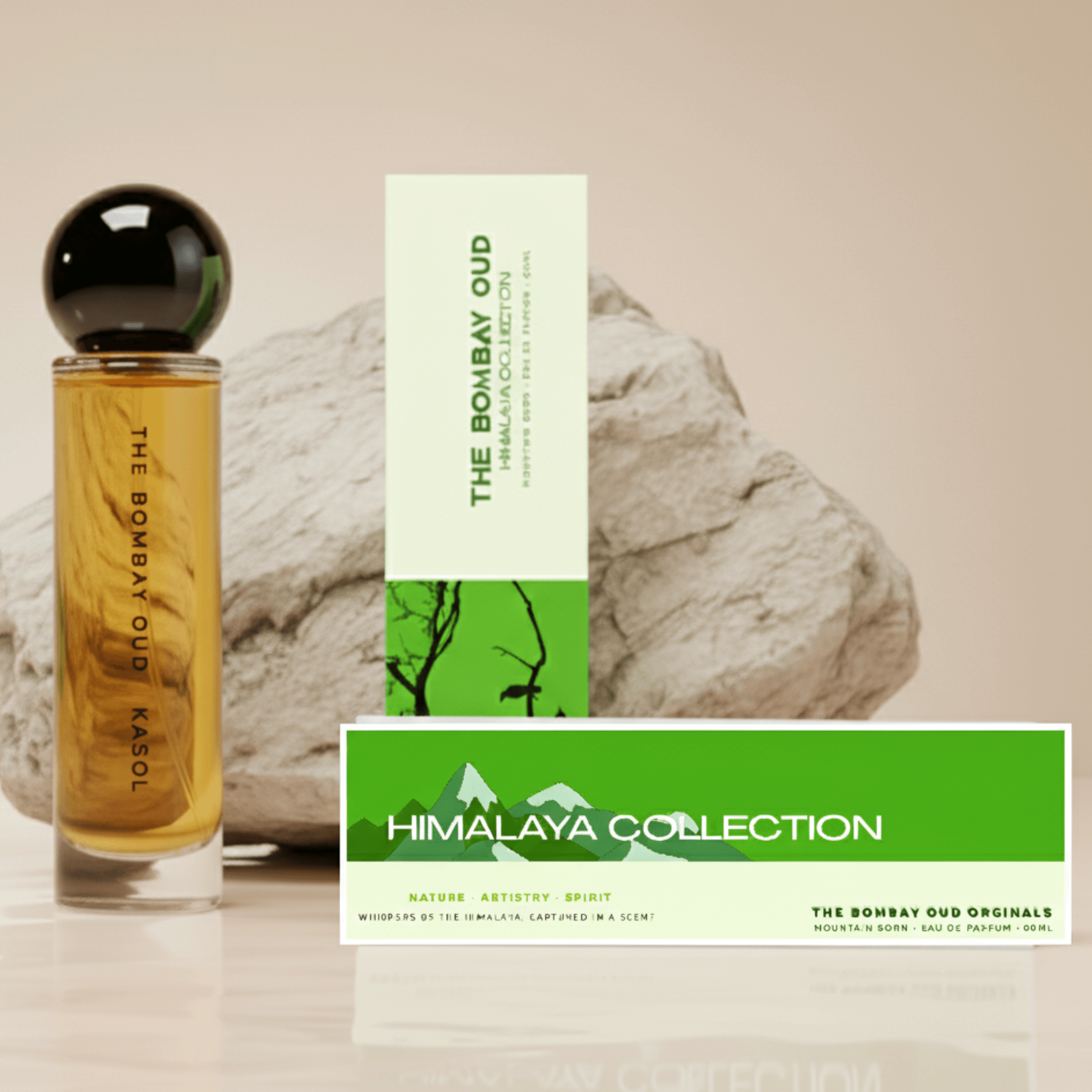 Kasol 60ml from The Bombay Oud's Himalaya Collection displayed with packaging and stone backdrop, emphasizing nature-inspired luxury.