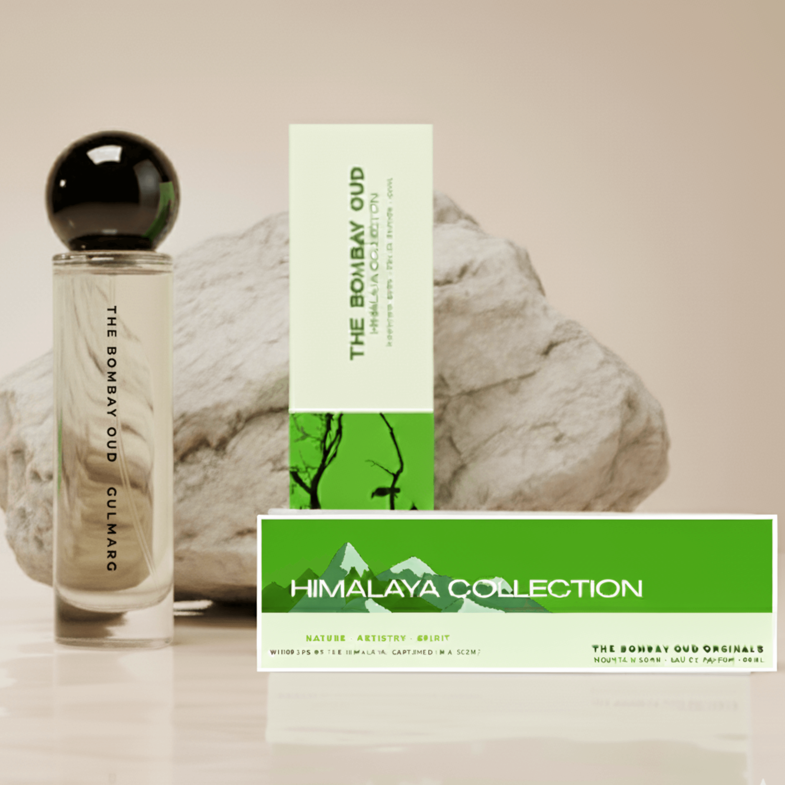 Gulmarg 60ml perfume bottle and box from The Bombay Oud's Himalaya Collection, styled with natural stone and green branding.