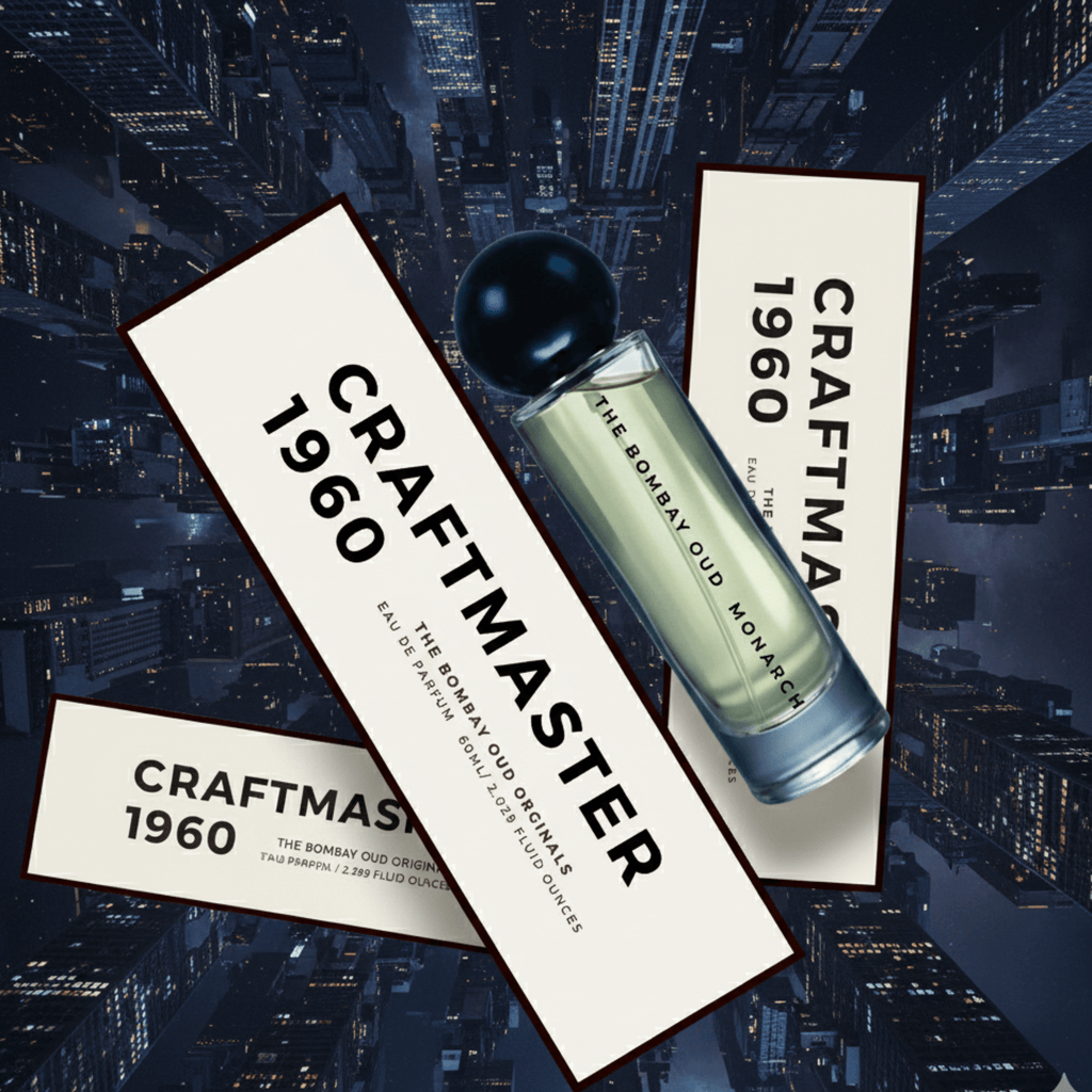 Monarch 60ml by The Bombay Oud with Craftmaster 1960 packaging, set against a cityscape, blending modern luxury with urban sophistication.