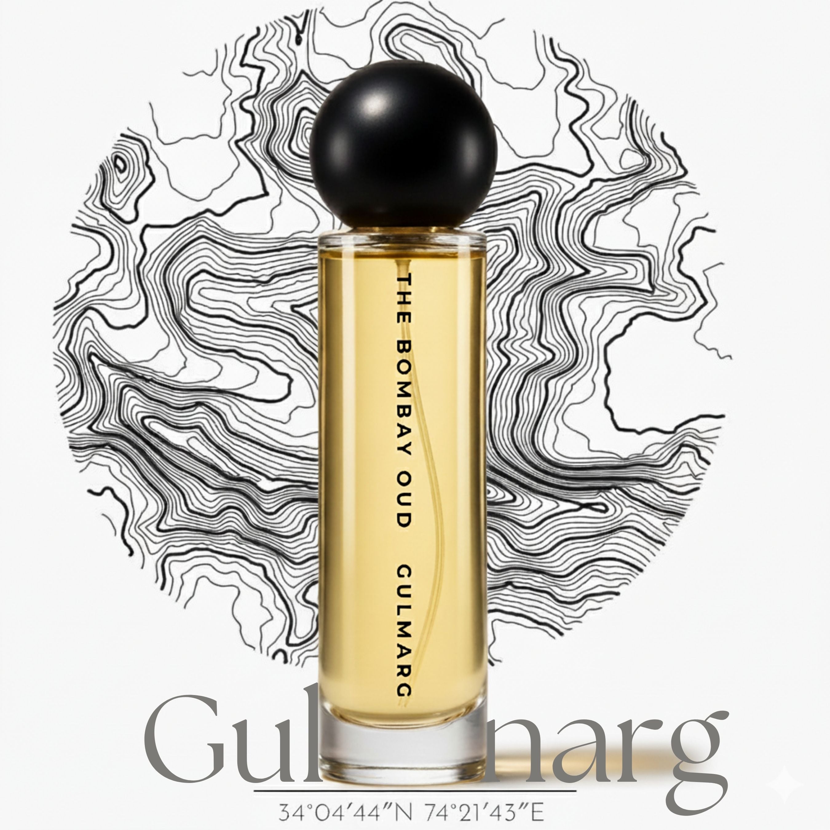 Gulmarg 60ml perfume bottle by The Bombay Oud with black spherical cap, set against a topographic Himalayan map background.