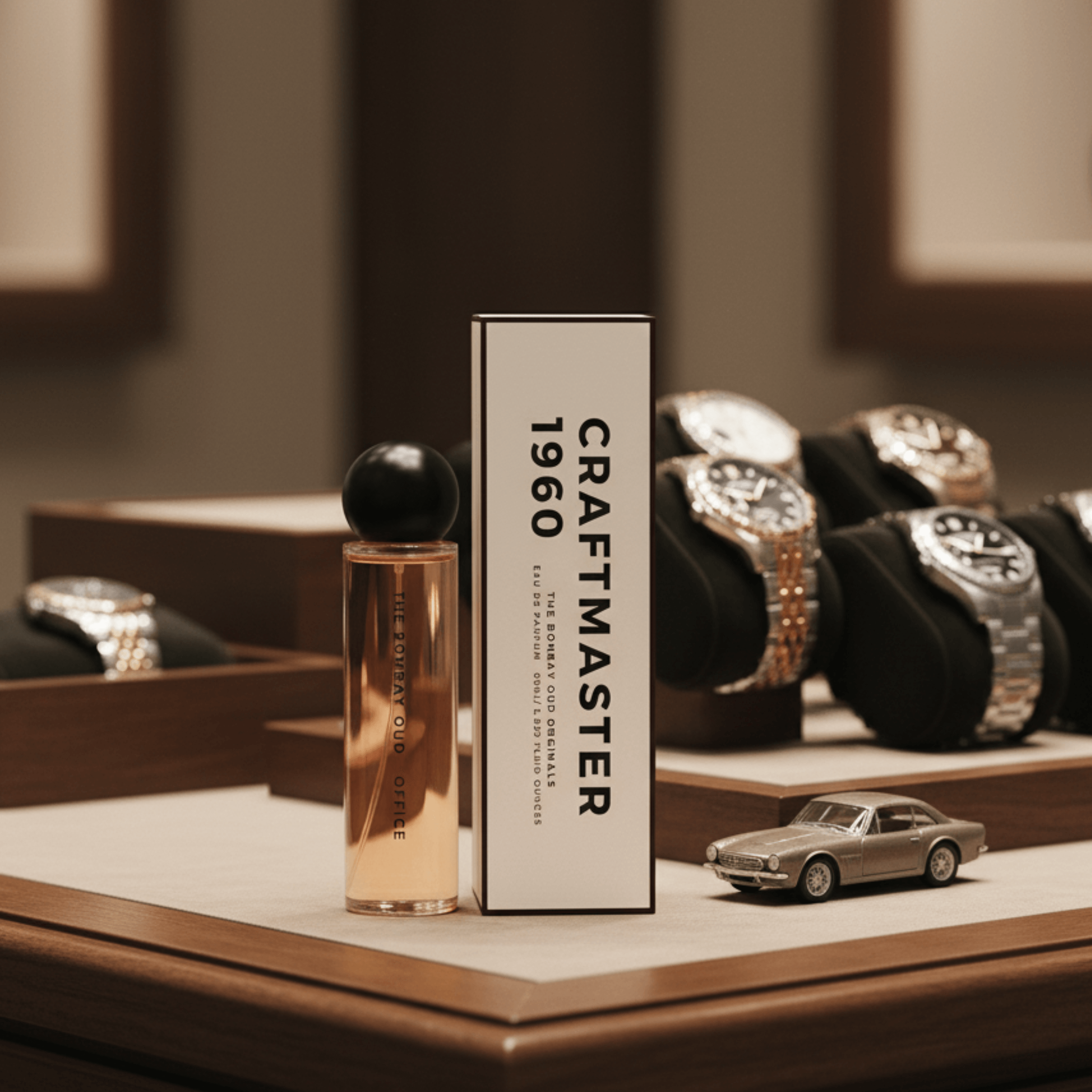 Office 60ml by The Bombay Oud featured in a luxury watch boutique, highlighting its premium appeal and refined masculinity.