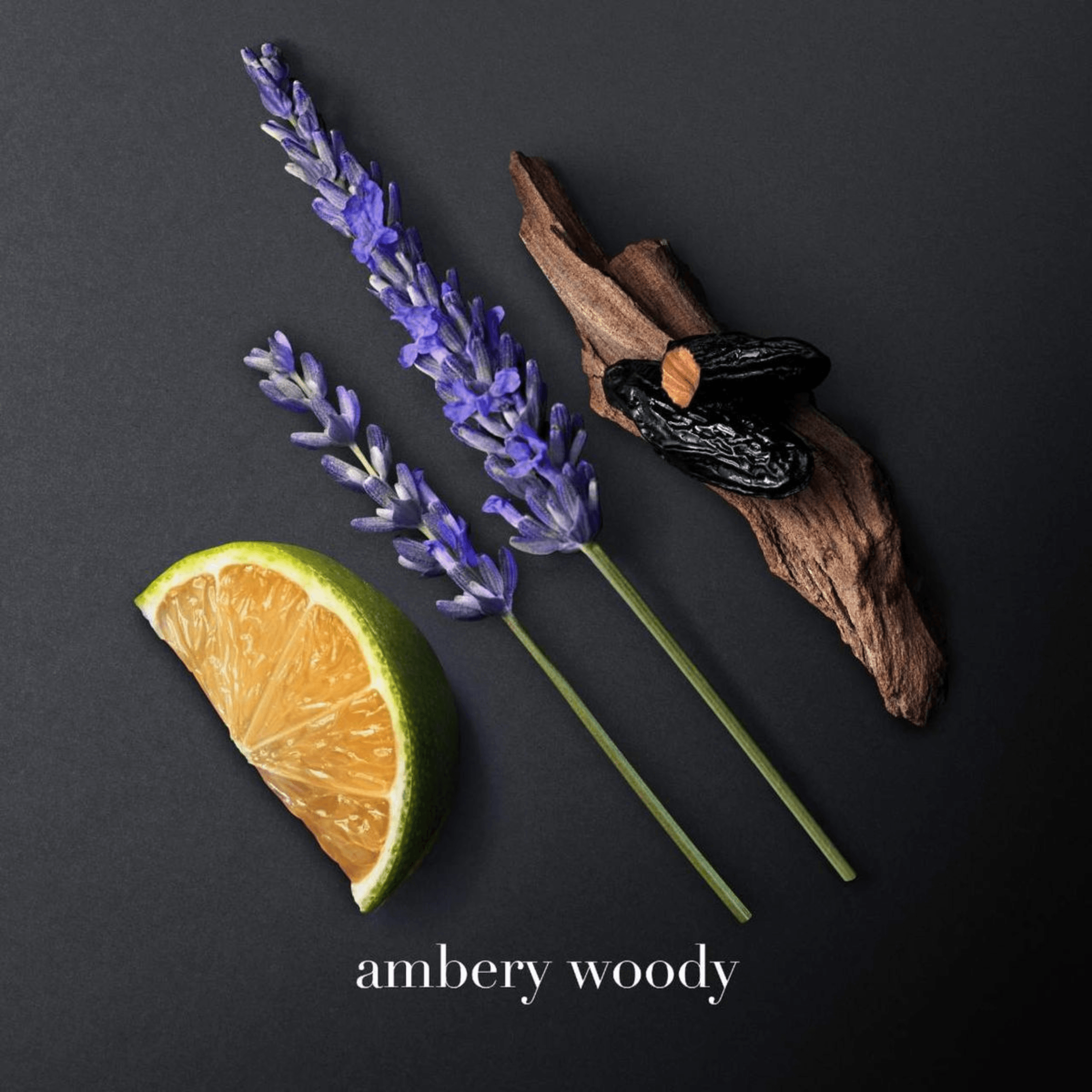 Lhasa 60ml perfume scent profile with lavender, lime, tonka bean, and wood on black background, highlighting its ambery woody fragrance.