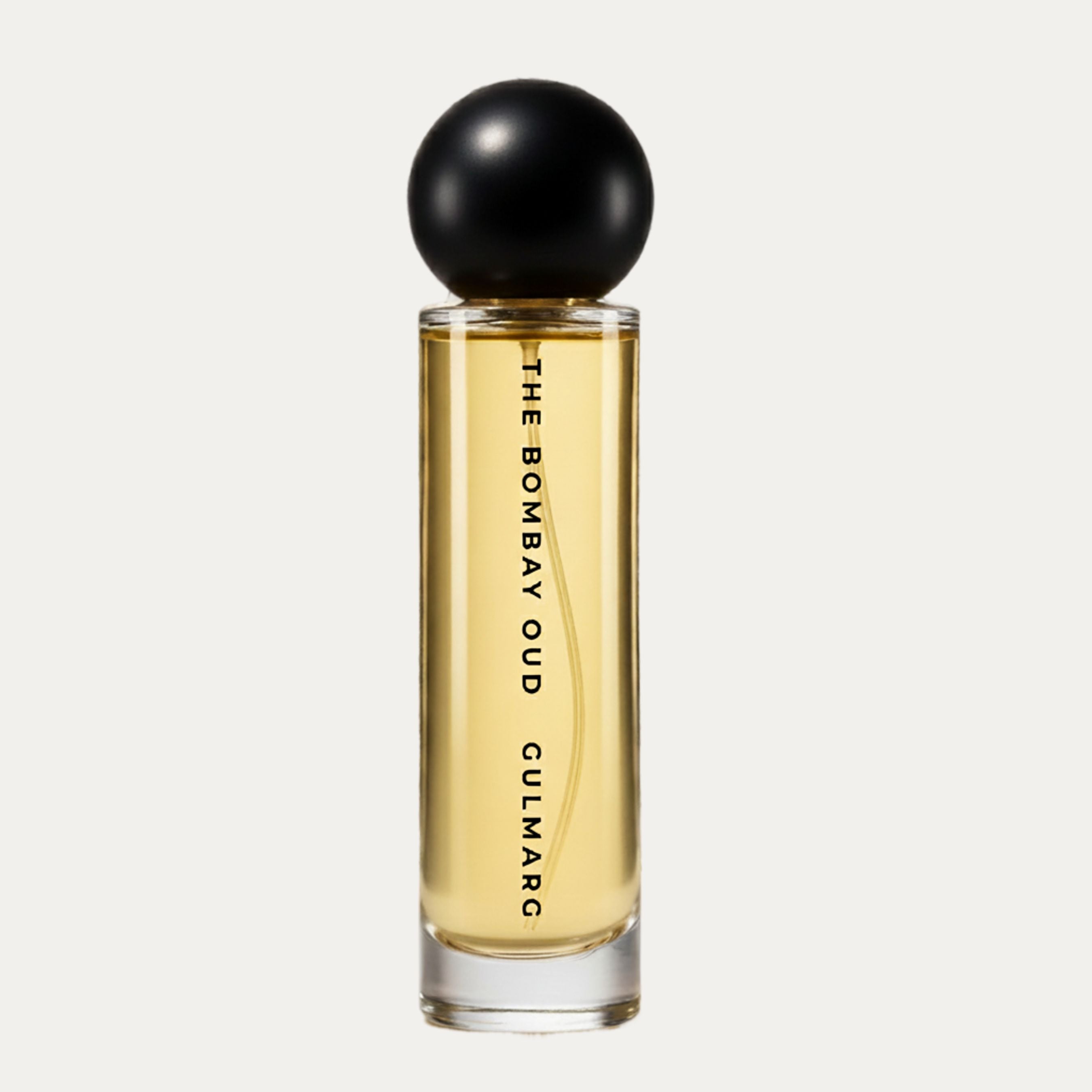 Gulmarg 60ml perfume from The Bombay Oud shown in a clear bottle with minimalist black text and a round black cap.