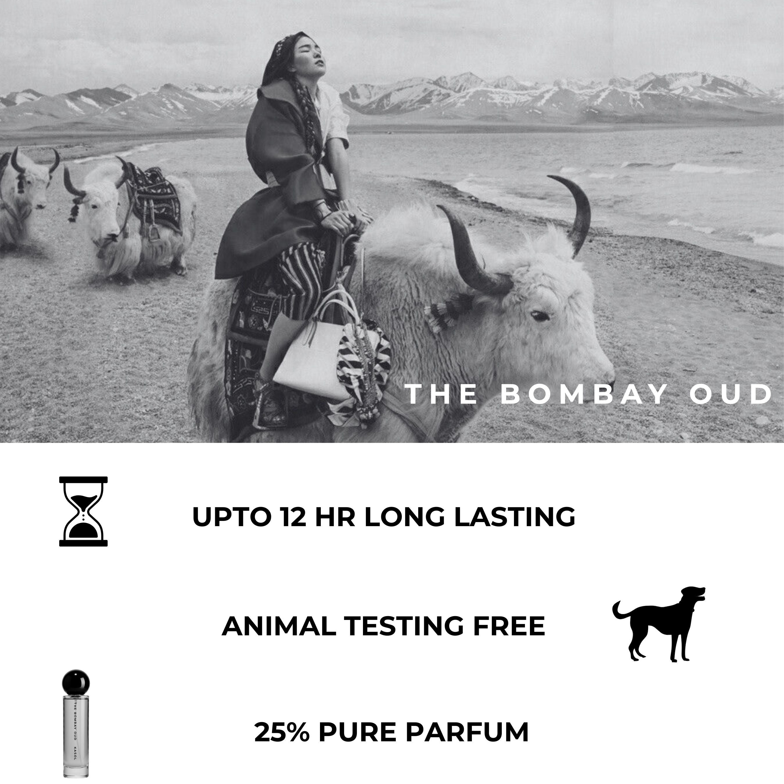 The Bombay Oud Gulmarg perfume features 25% pure parfum, 12-hour wear, and is animal testing free, shown with Himalayan imagery.
