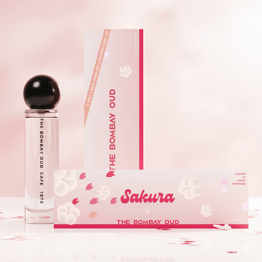 Cafe 1870 60ml perfume by The Bombay Oud with Sakura-themed packaging, blending floral elegance with cozy fragrance notes.