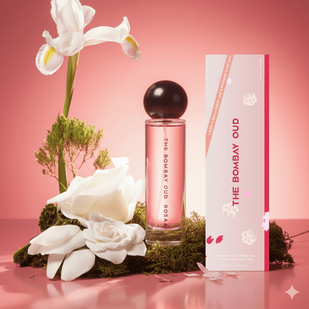 Rosa 60ml perfume with floral packaging and natural elements, emphasizing its fresh rose and rain-inspired scent in the cosmetics category.
