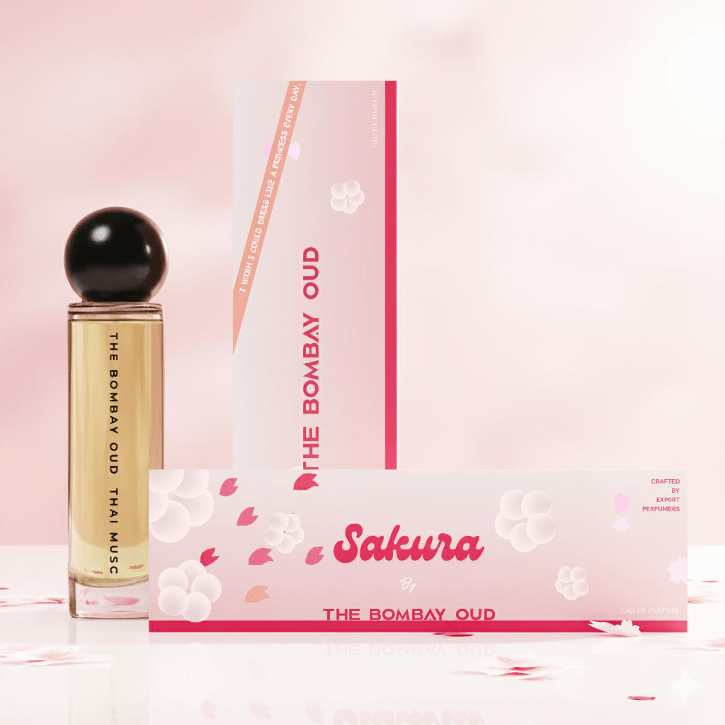 Thai Musc 60ml perfume bottle with Sakura-themed packaging, positioned in the health & beauty fragrance collection by The Bombay Oud.