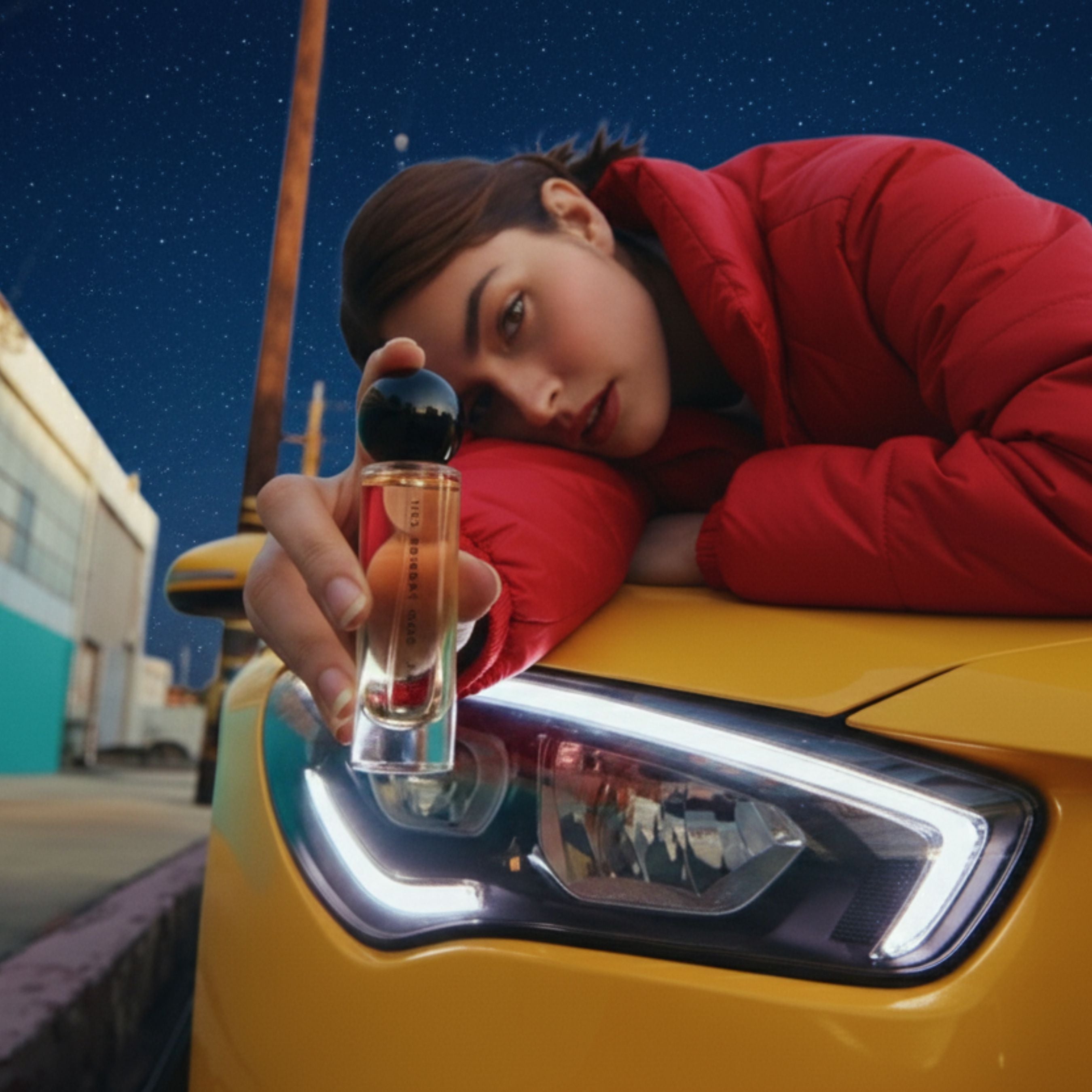 Woman in red jacket holding Boond 60ml perfume bottle near a yellow car under a starry sky, showcasing the scent's bold and sensual appeal.
