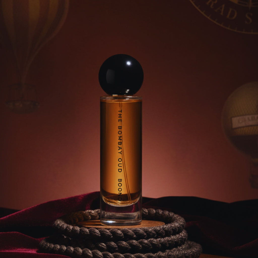 Boond 60ml perfume bottle displayed on velvet with rope and hot air balloon backdrop, evoking its warm Kashmiri Oud and amber fragrance notes.