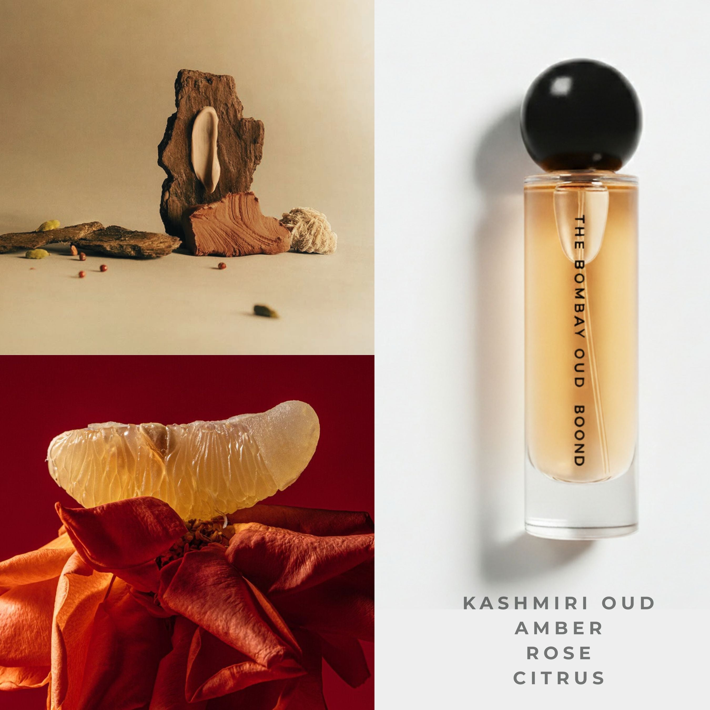 Boond 60ml perfume bottle with natural ingredients like citrus, rose, and amber, highlighting its rich Kashmiri Oud composition for premium scent lovers.