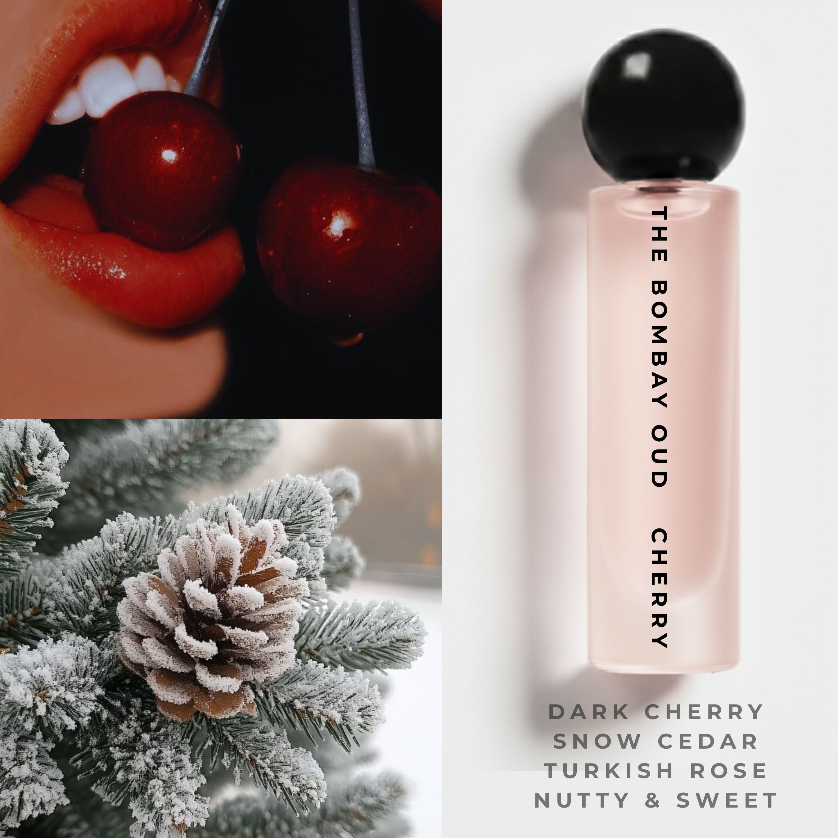 Cherry 60ml perfume by The Bombay Oud with notes of dark cherry, snow cedar, Turkish rose, and nutty sweetness. A sensual fragrance in a sleek pink bottle.