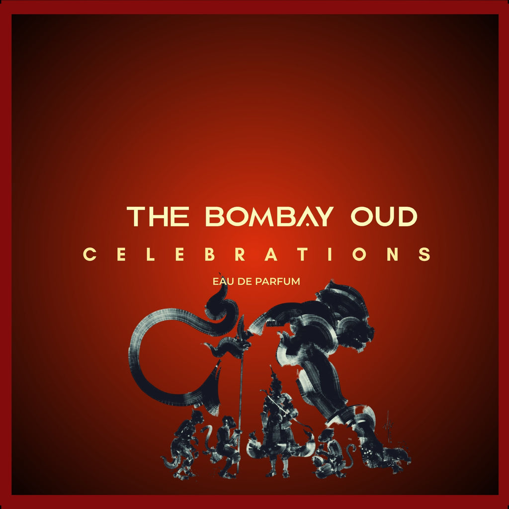 The Bombay Oud Celebrations Eau de Parfum packaging with a bold red gradient background and metallic lion artwork, ideal for luxury fragrance lovers.