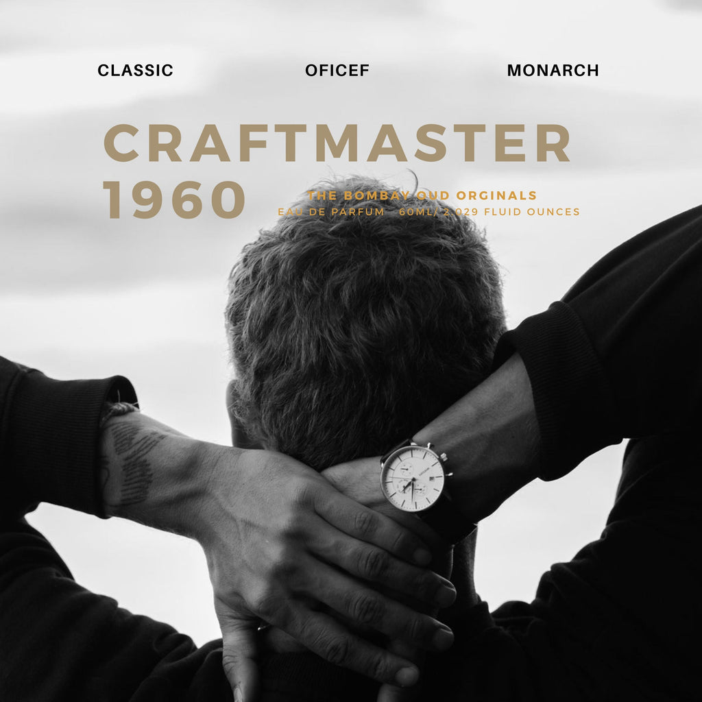 Craftmaster 1960 branding for Classic 60ml by The Bombay Oud, featuring a man in black with a watch, emphasizing timeless luxury and style.