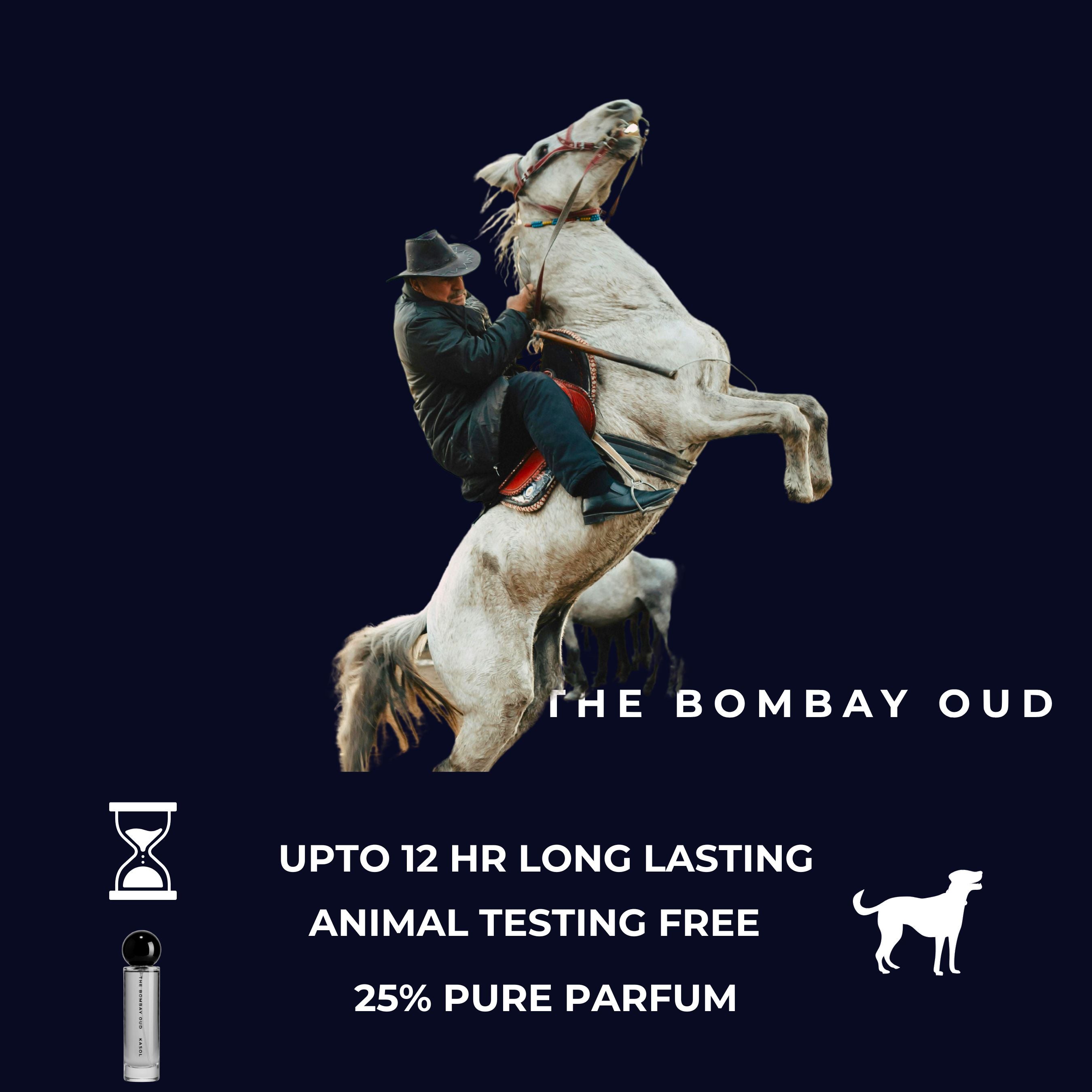 Promotional graphic for The Bombay Oud Classic 60ml highlighting 12-hour longevity, cruelty-free formula, and 25% pure parfum concentration.
