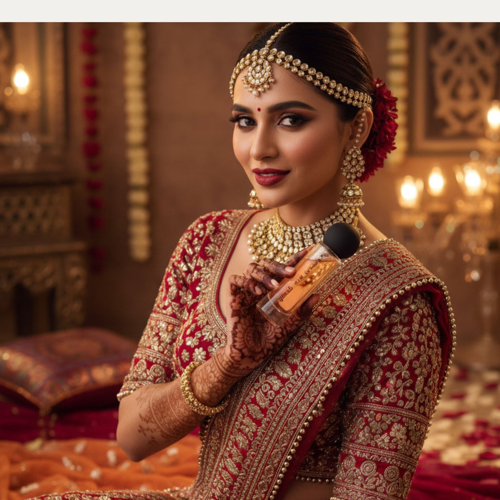 Gunkali 60ml perfume held by woman in traditional Indian bridal attire, showcasing its cultural elegance and luxury scent.