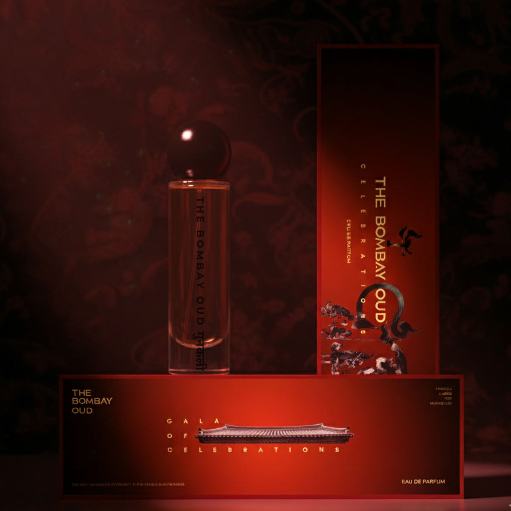 Gunkali 60ml perfume and packaging from The Bombay Oud Celebrations line, presented in rich red tones for festive luxury appeal.