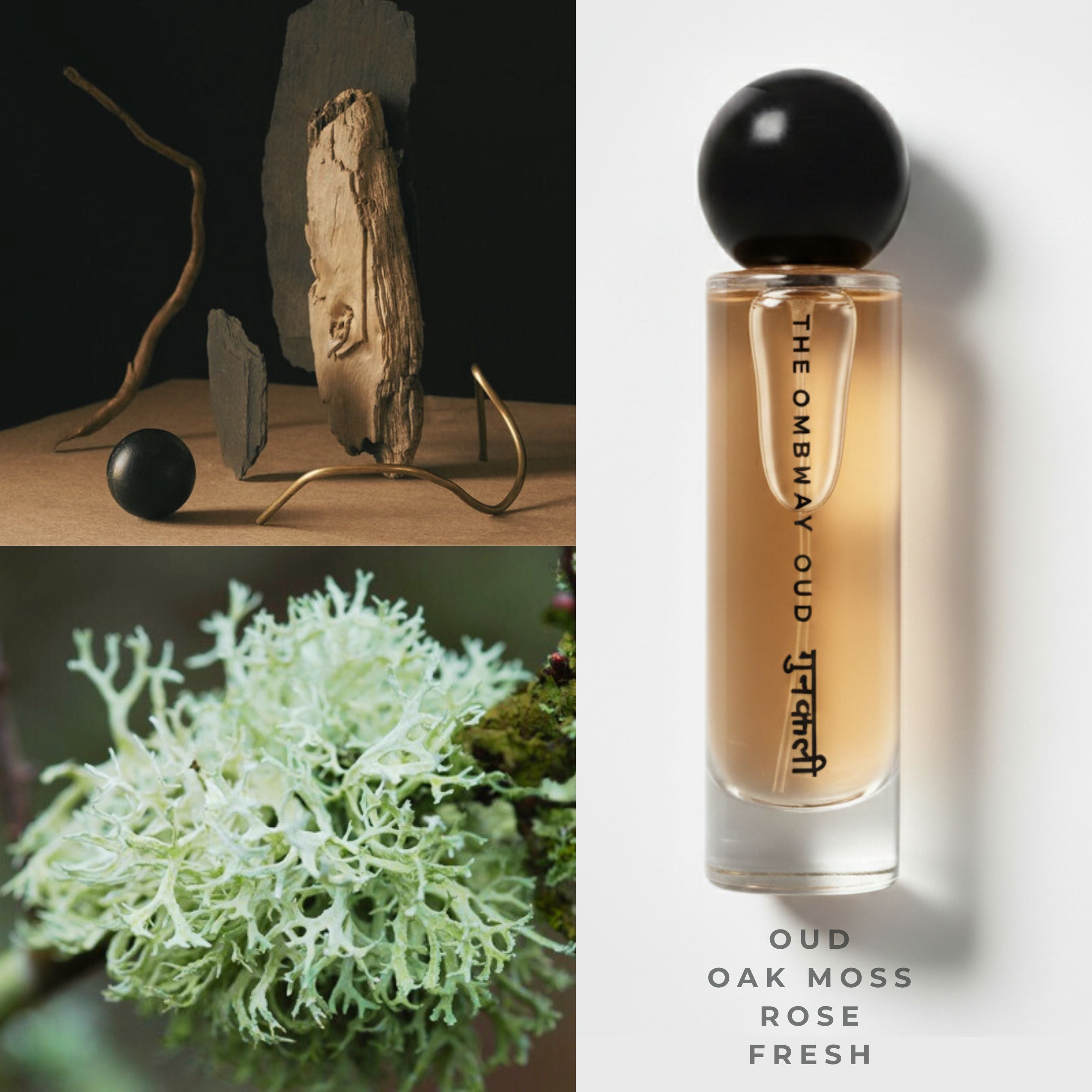 Gunkali 60ml perfume with natural elements like oak moss and wood, emphasizing oud, rose, and fresh notes in the fragrance.