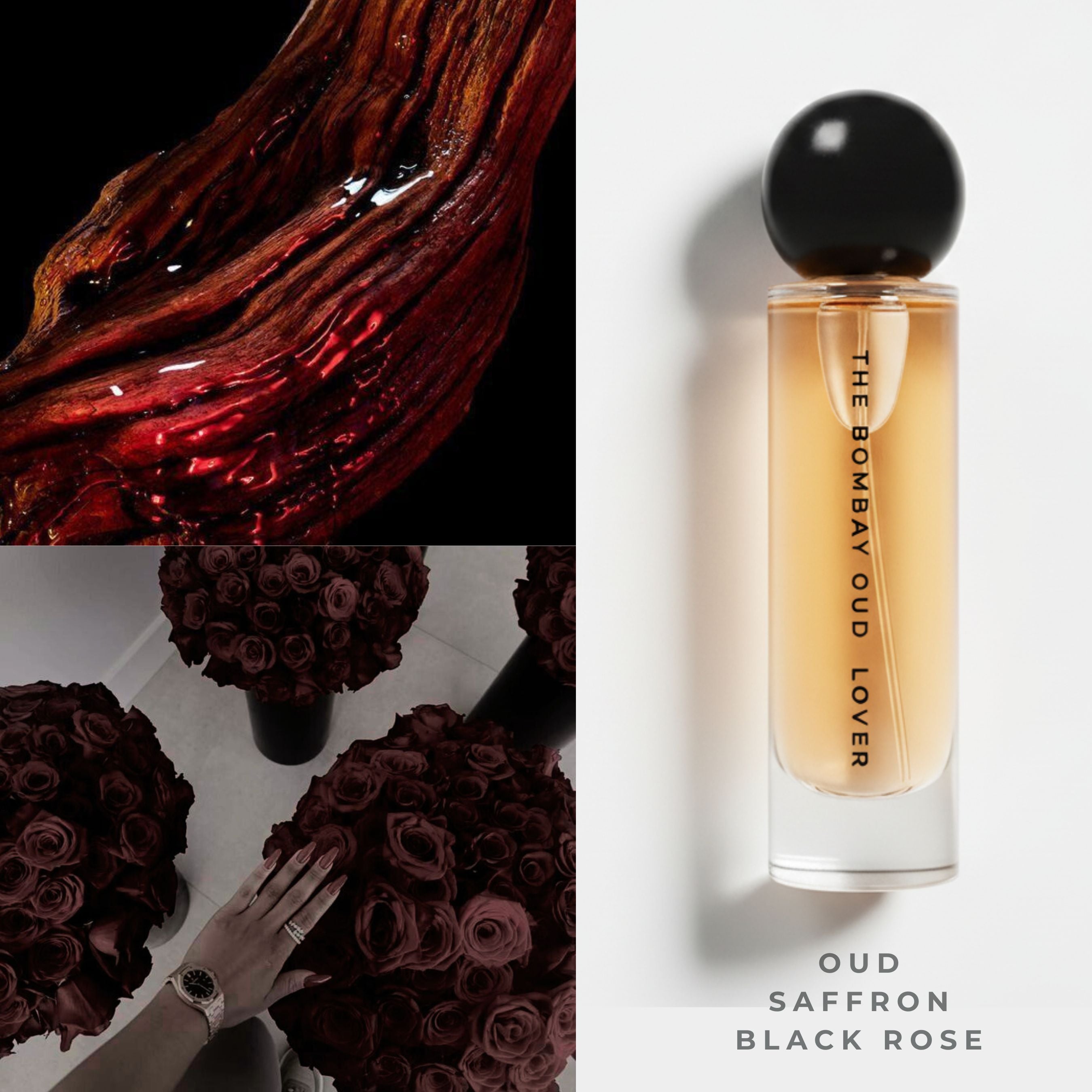 Lover 60ml by The Bombay Oud displayed with imagery of oud wood, saffron, and black rose, emphasizing its bold and romantic notes.