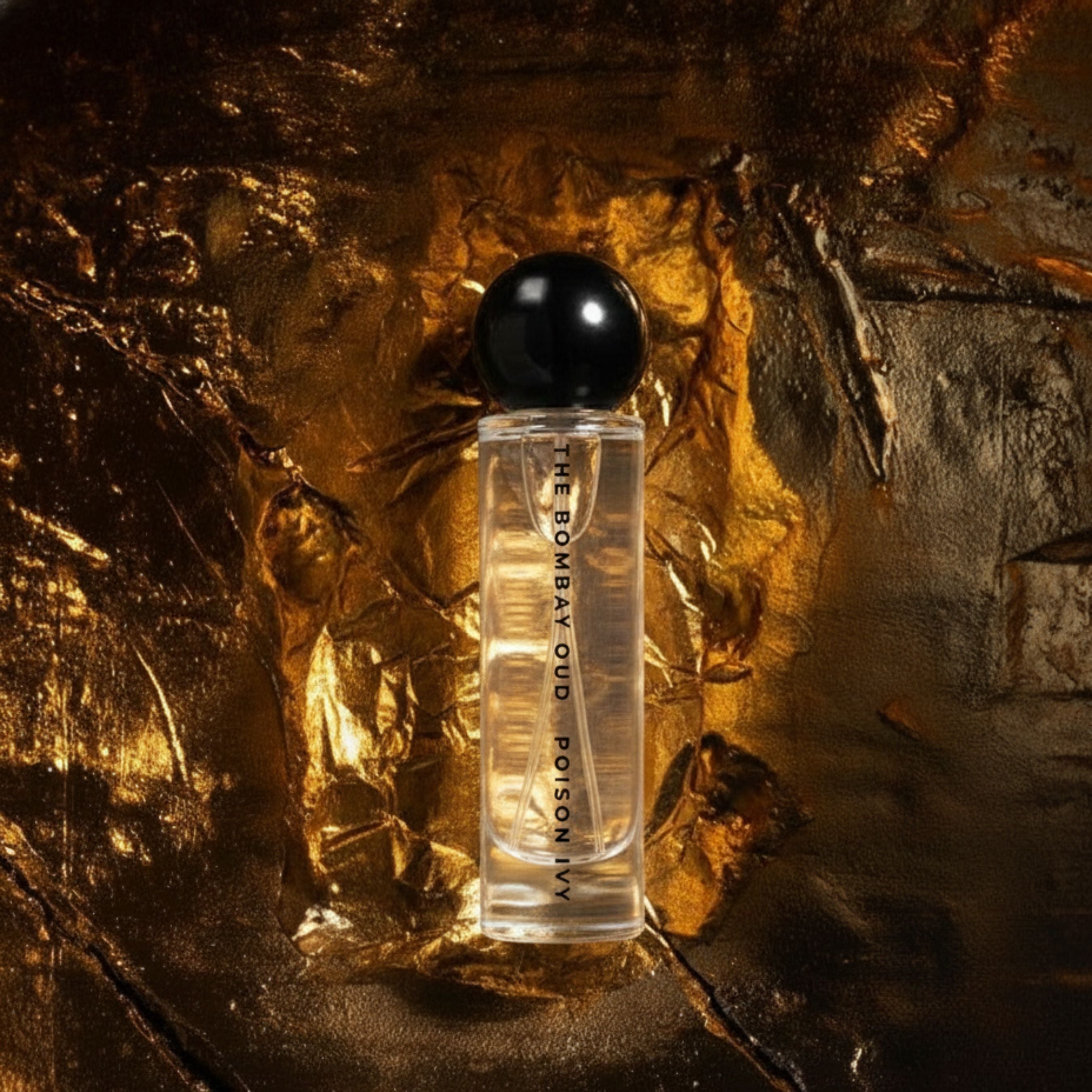 POISON IVY 60ml Eau de Parfum by The Bombay Oud on a luxurious gold-textured background, highlighting its rich amber and oud notes.