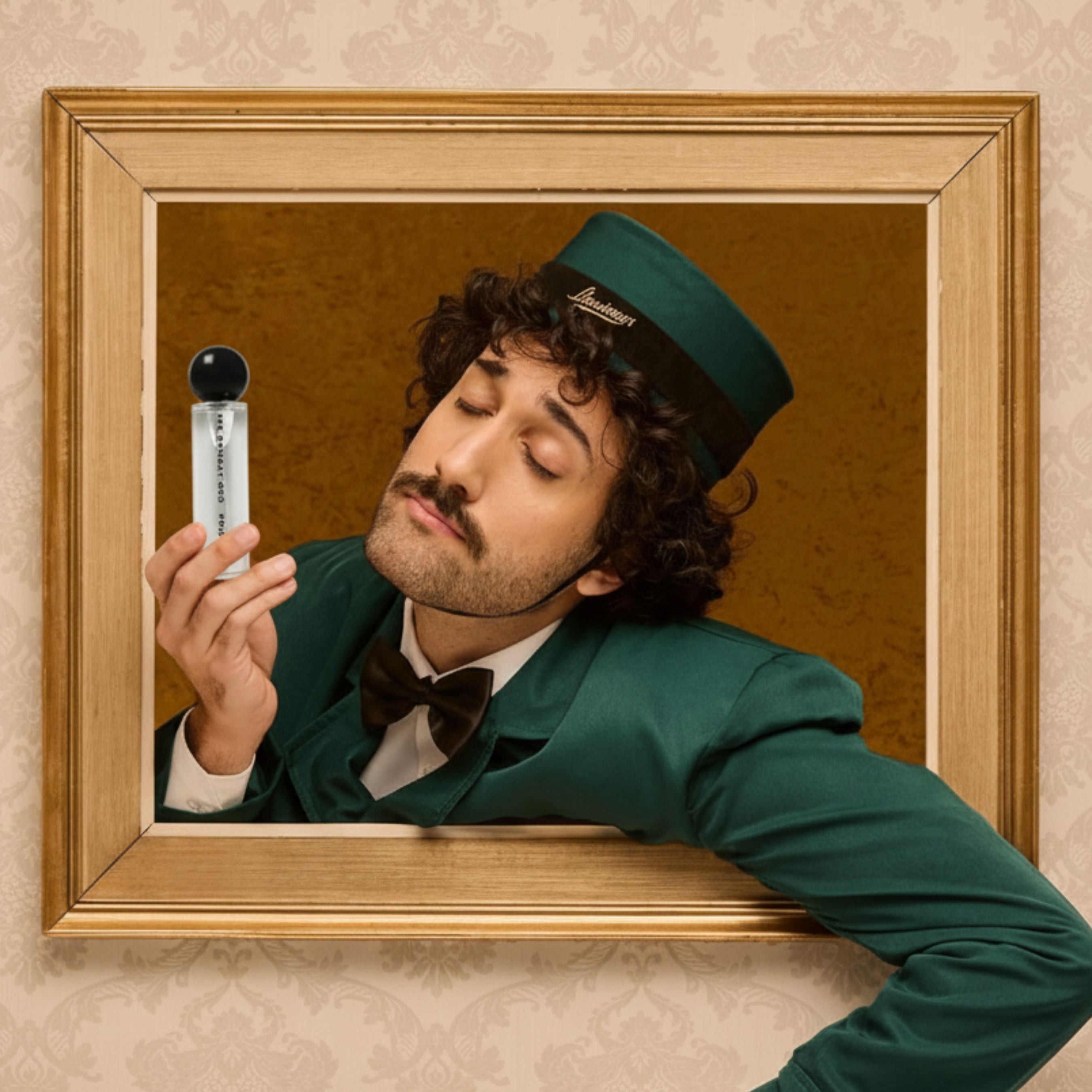 POISON IVY 60ml perfume held by a man in a green uniform, styled as a framed portrait, showcasing the fragrance's elegant and artistic appeal.